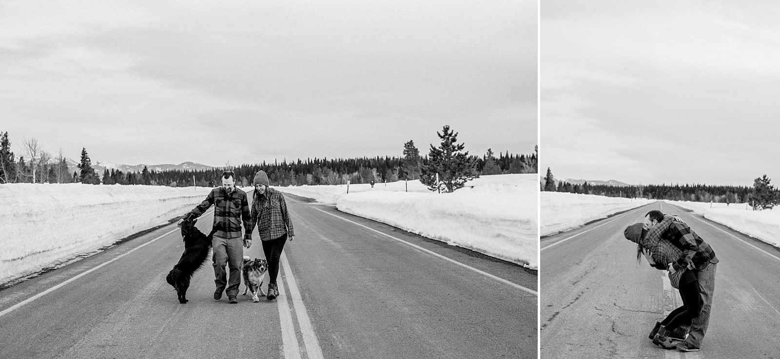 grand teton national park winter couple portraits with dogs
