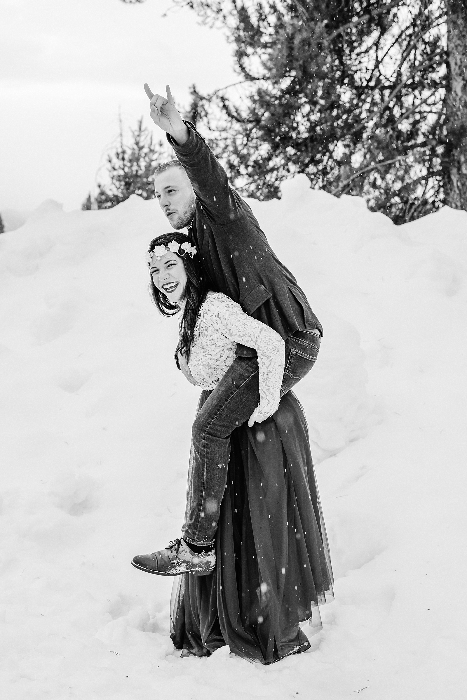 Romantic adventurous couple winter wedding