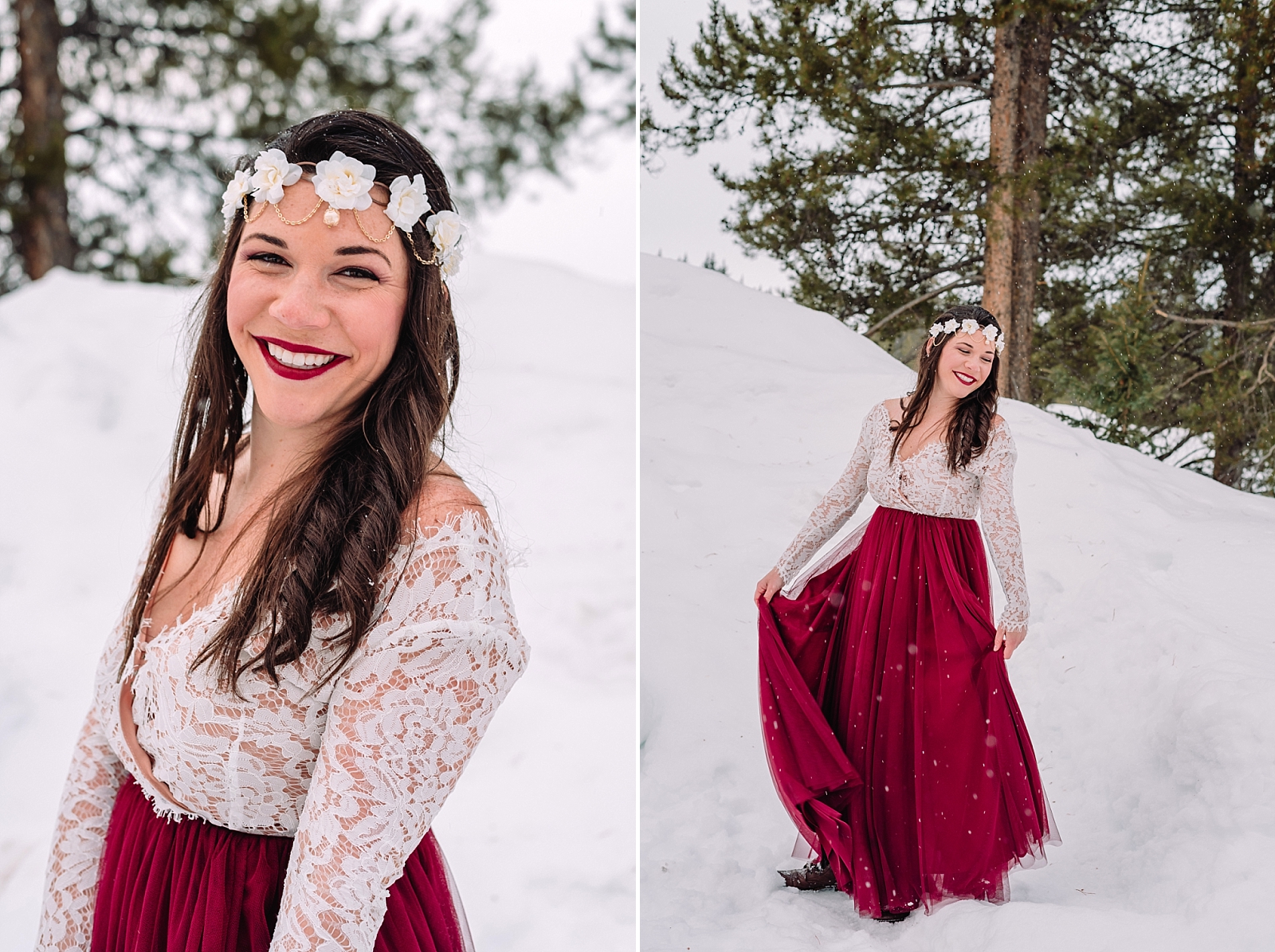 Romantic adventurous couple winter wedding inspiration, bride wearing red dress