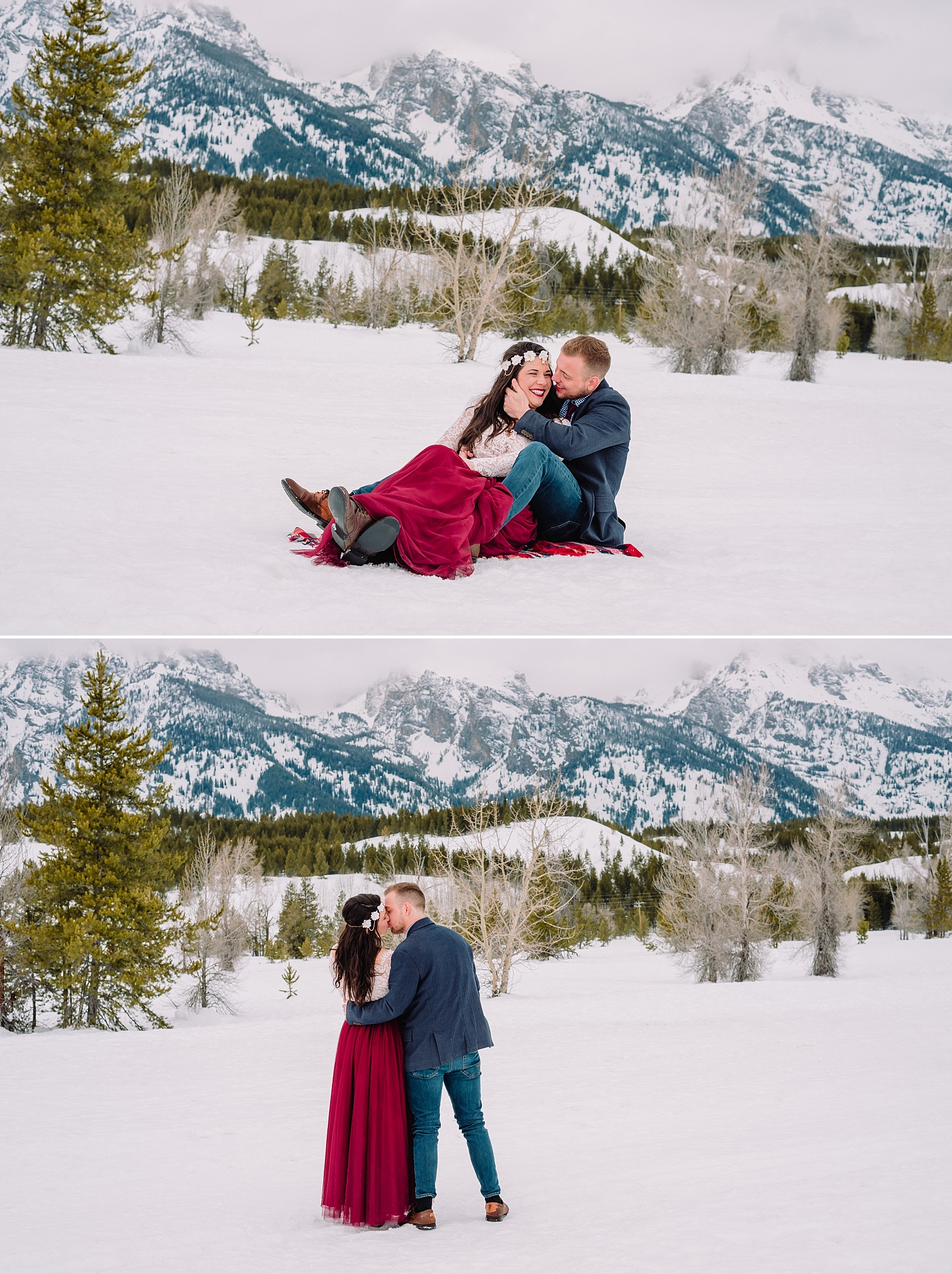 Romantic adventurous couple winter wedding grand teton national park