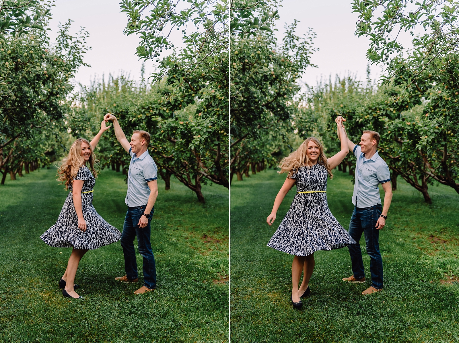 couple dancing in apple orchard rexburg engagement