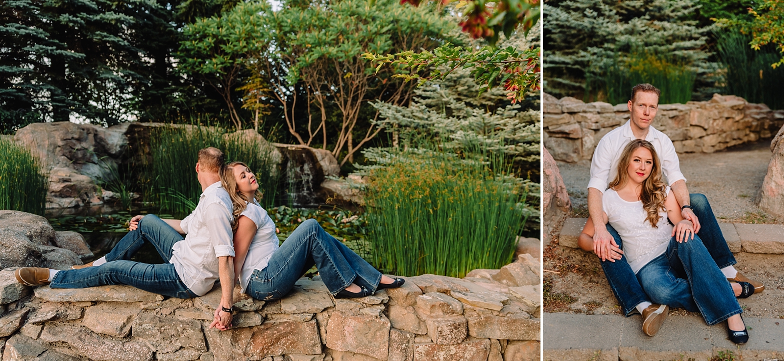 engaged couple at byui gardens and pond