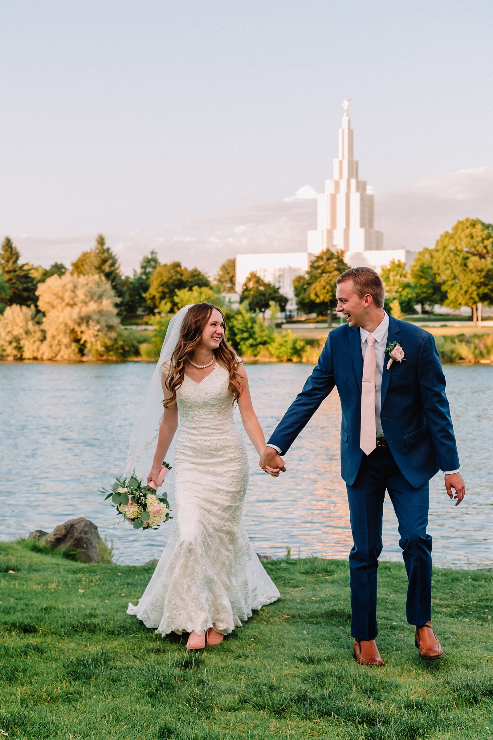 Bride and groom in front of Idaho Falls Temple