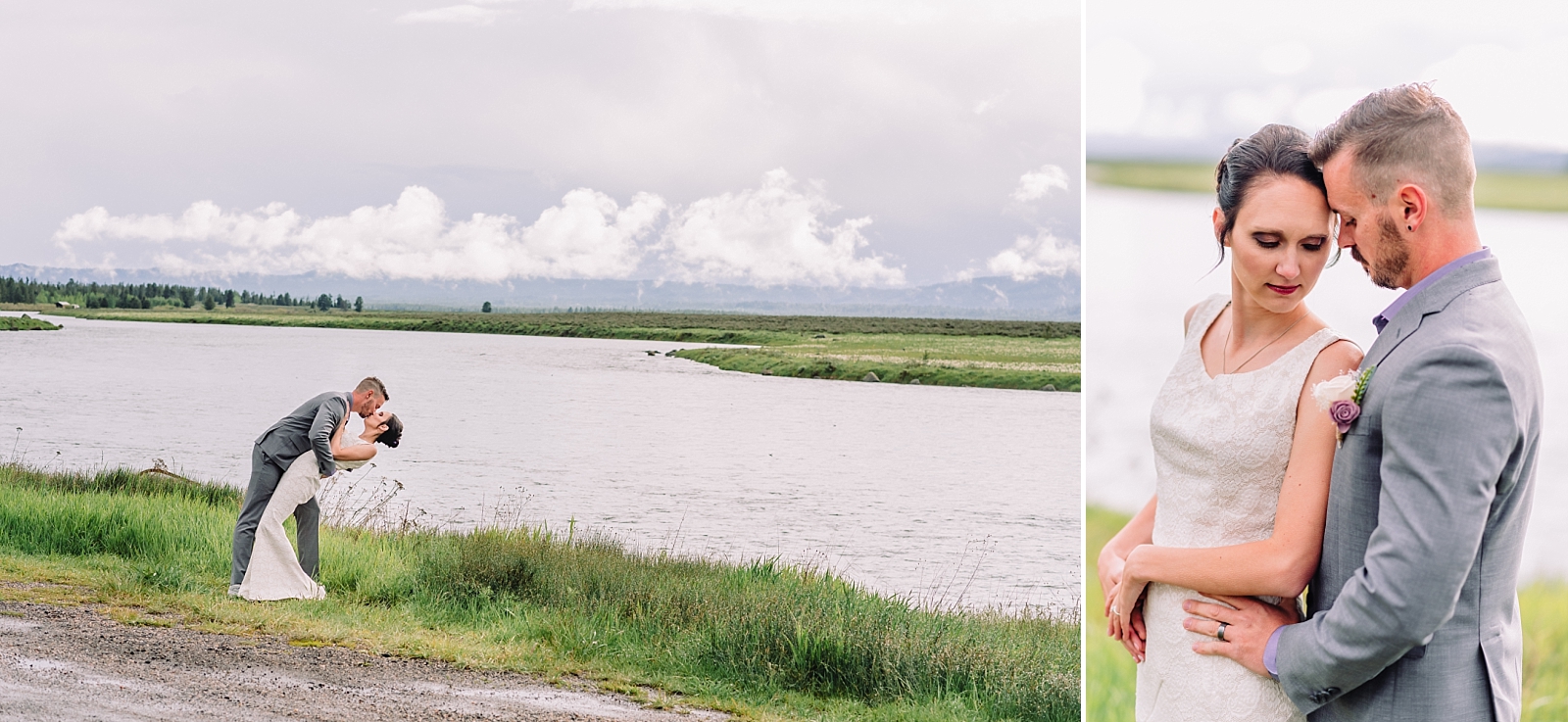 bride and groom by river wedding portraits