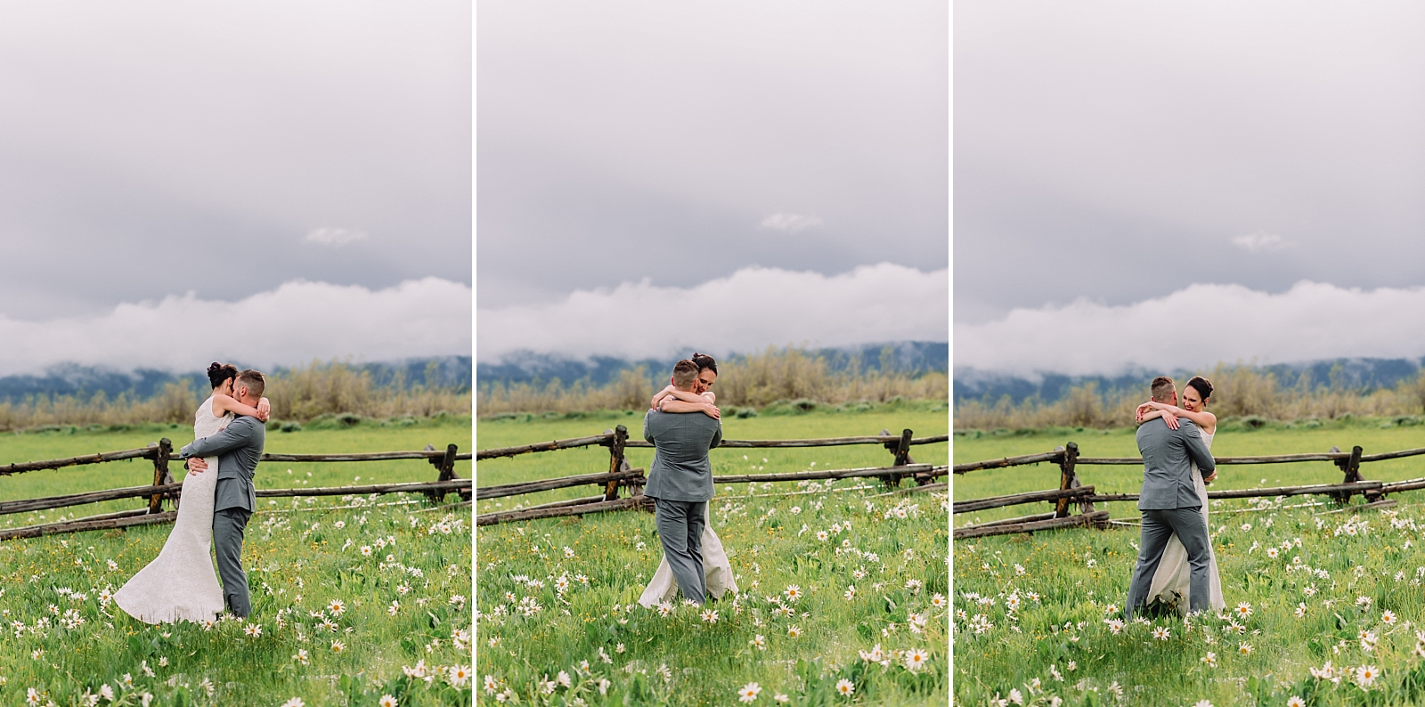 bride and groom dancing and twirling in flower field