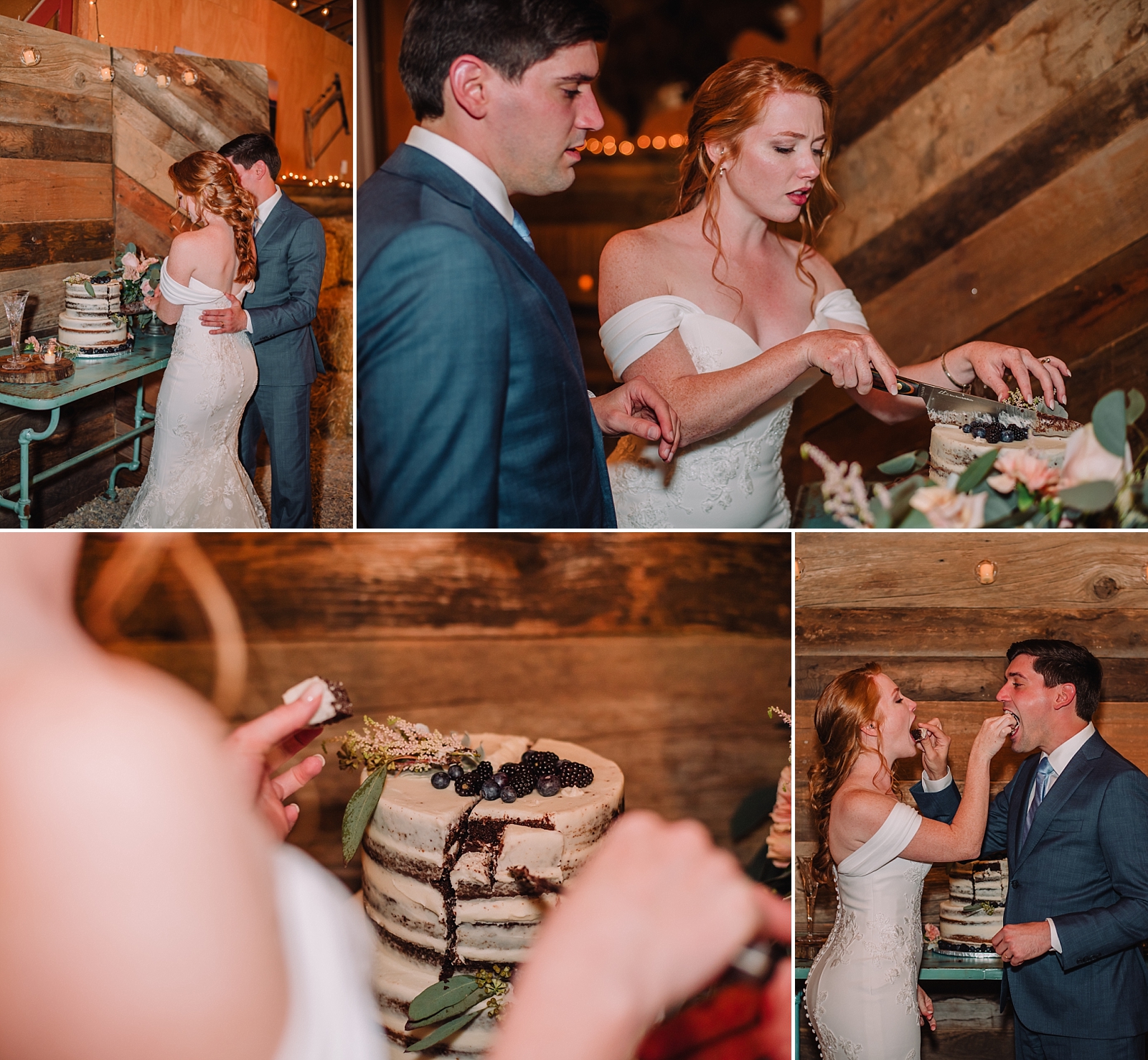 wedding couple cutting the cake indoor barn ranch venue