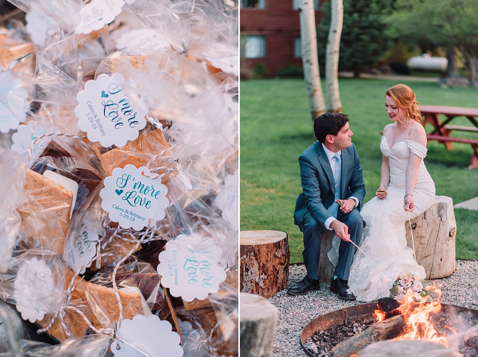 bride and groom with marshmallows and campfire