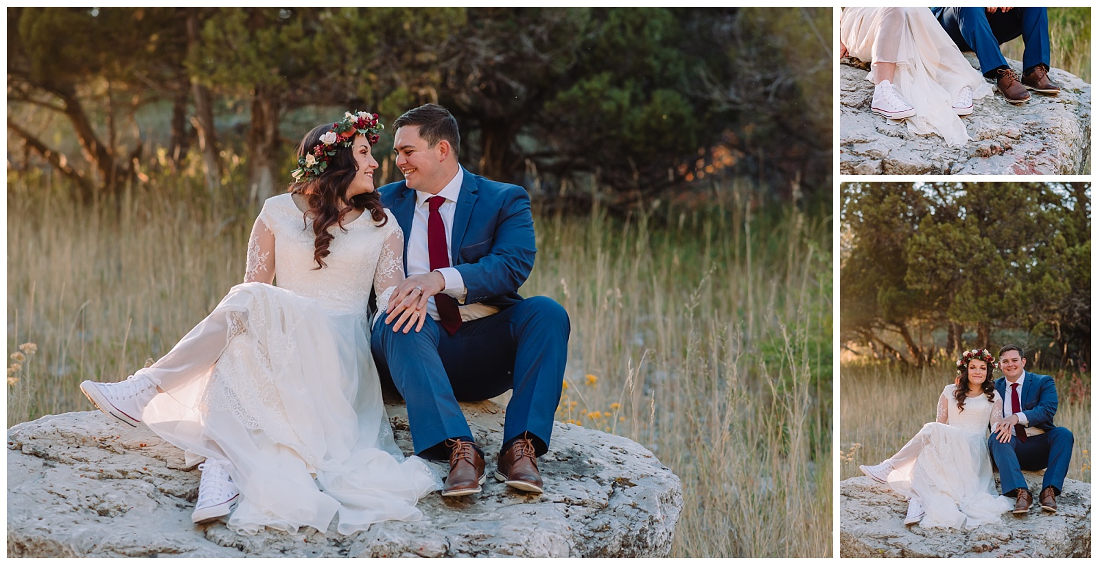 bride and groom sitting on rock in logan canyon