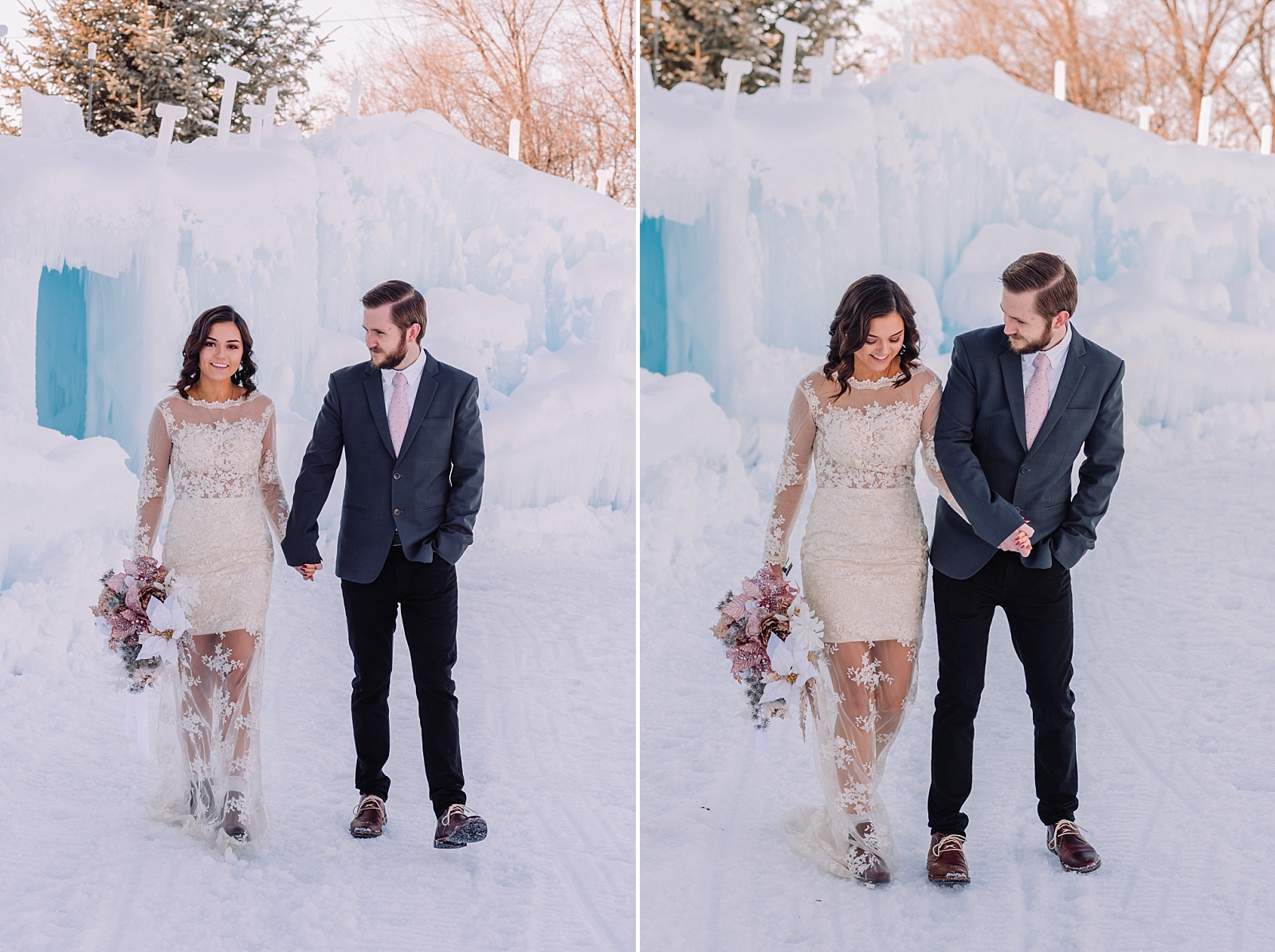 couple walking winter ice palace