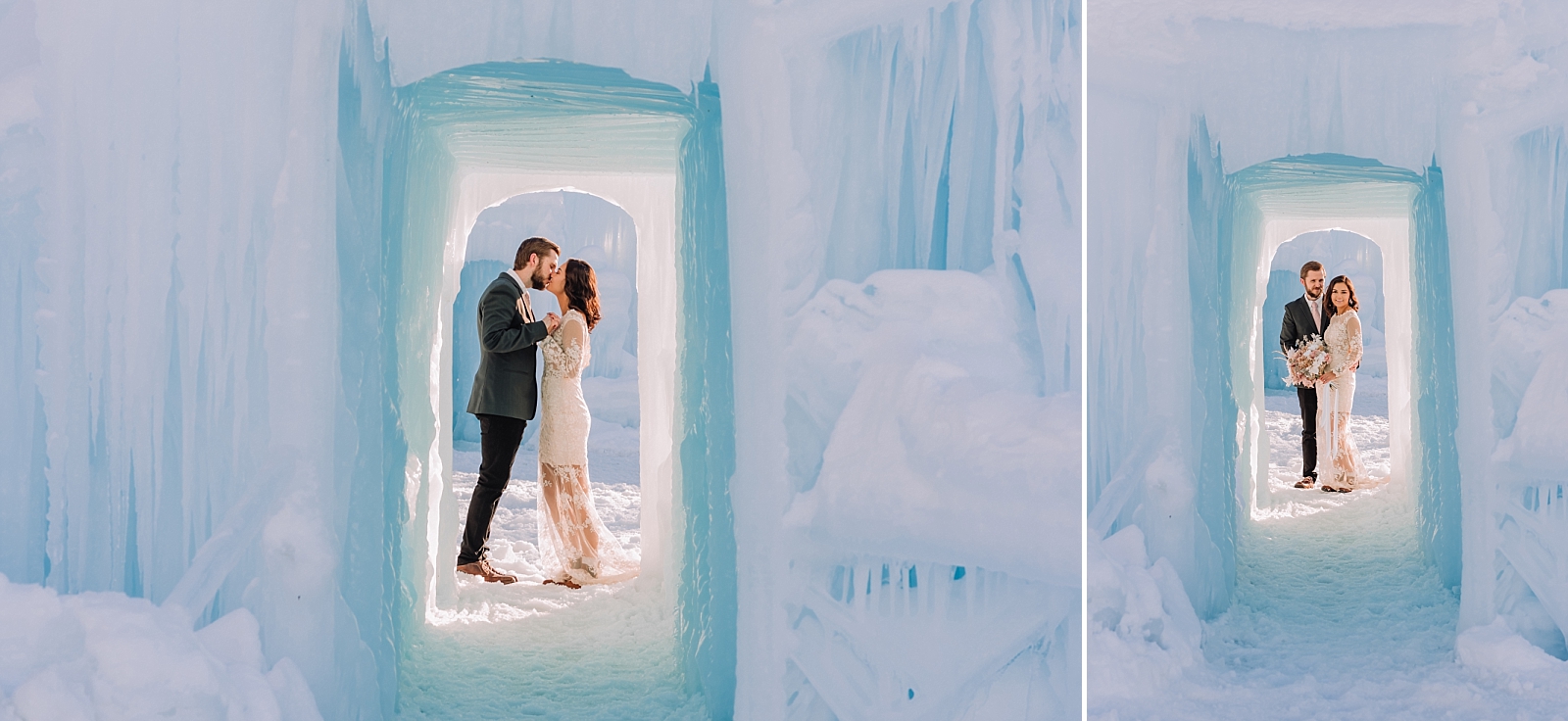 bride and groom kissing ice palace elopement