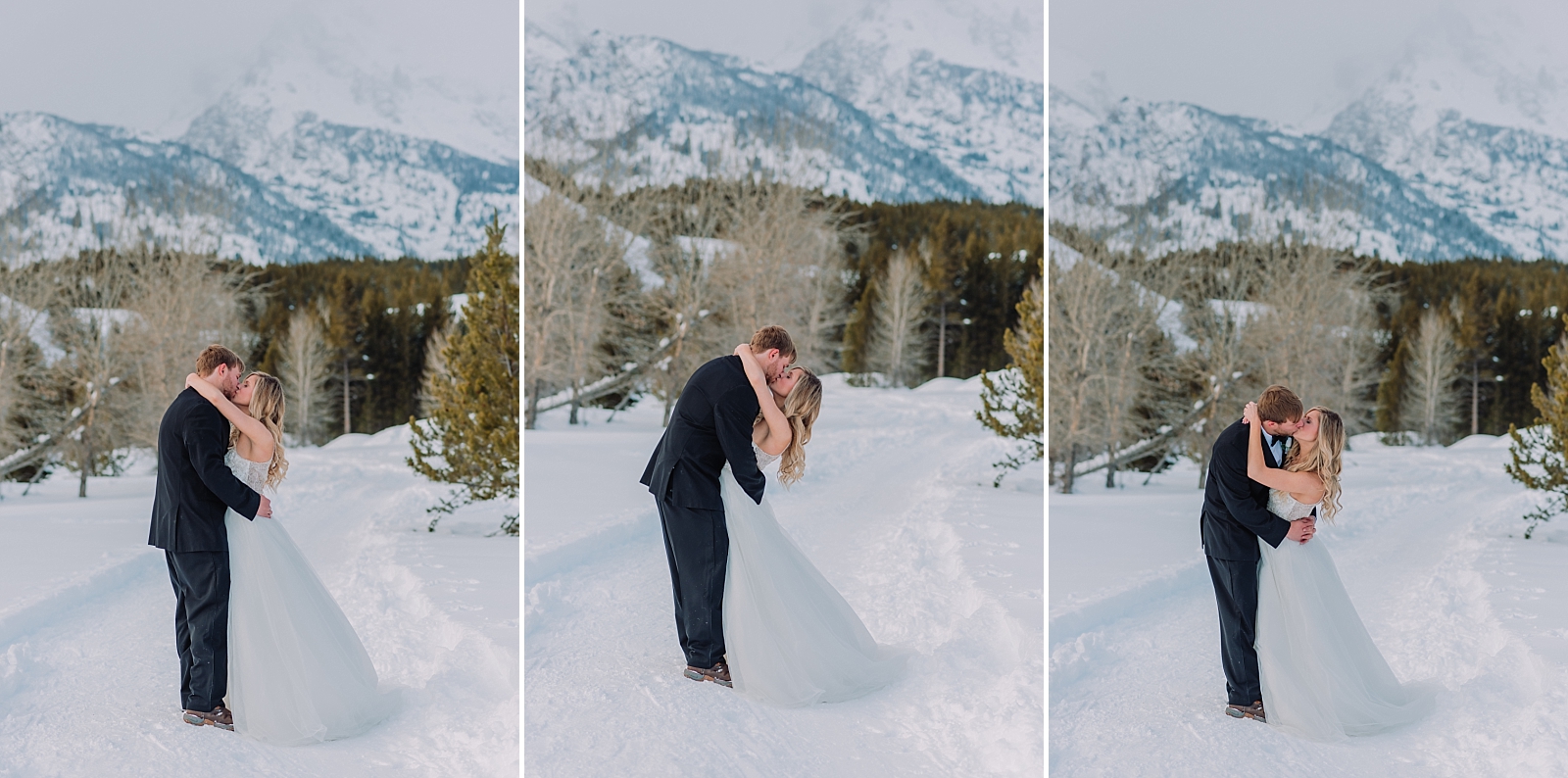 groom kissing bride while standing in snow under the teton mountains in grand teton national park gtnp winter in JH wedding photographer