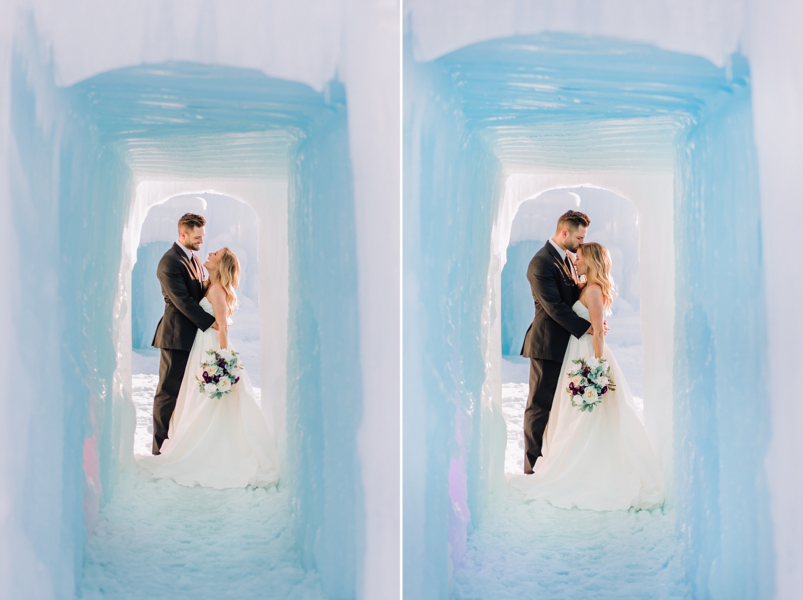 bride and groom snuggling in ice palace tunnel