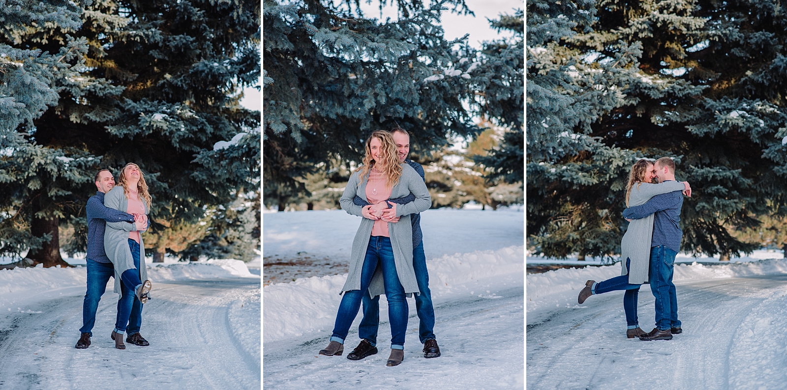 janelle and co photography engaged couple walking and laughing in the snow winter photos wedding photographer idaho falls freeman park engagement photos in the pine trees forest