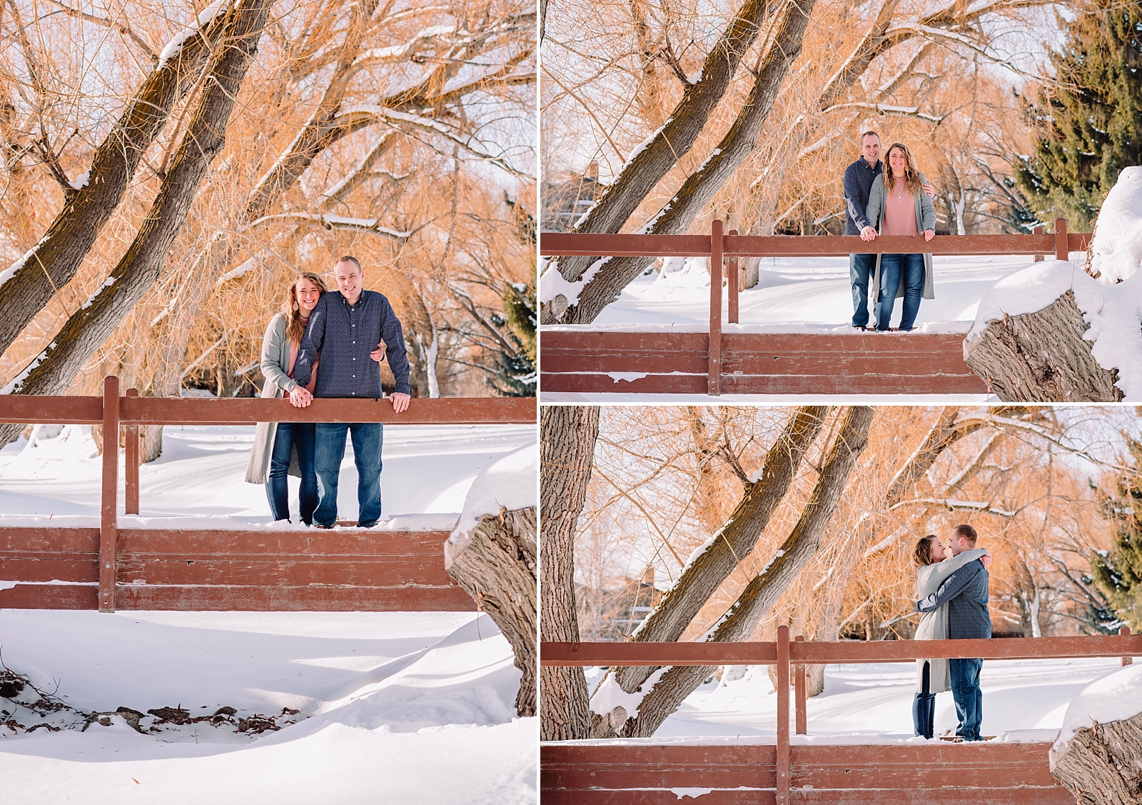 couple on snowy bridge in freeman park idaho falls idaho engagement photographer wedding photos engaged