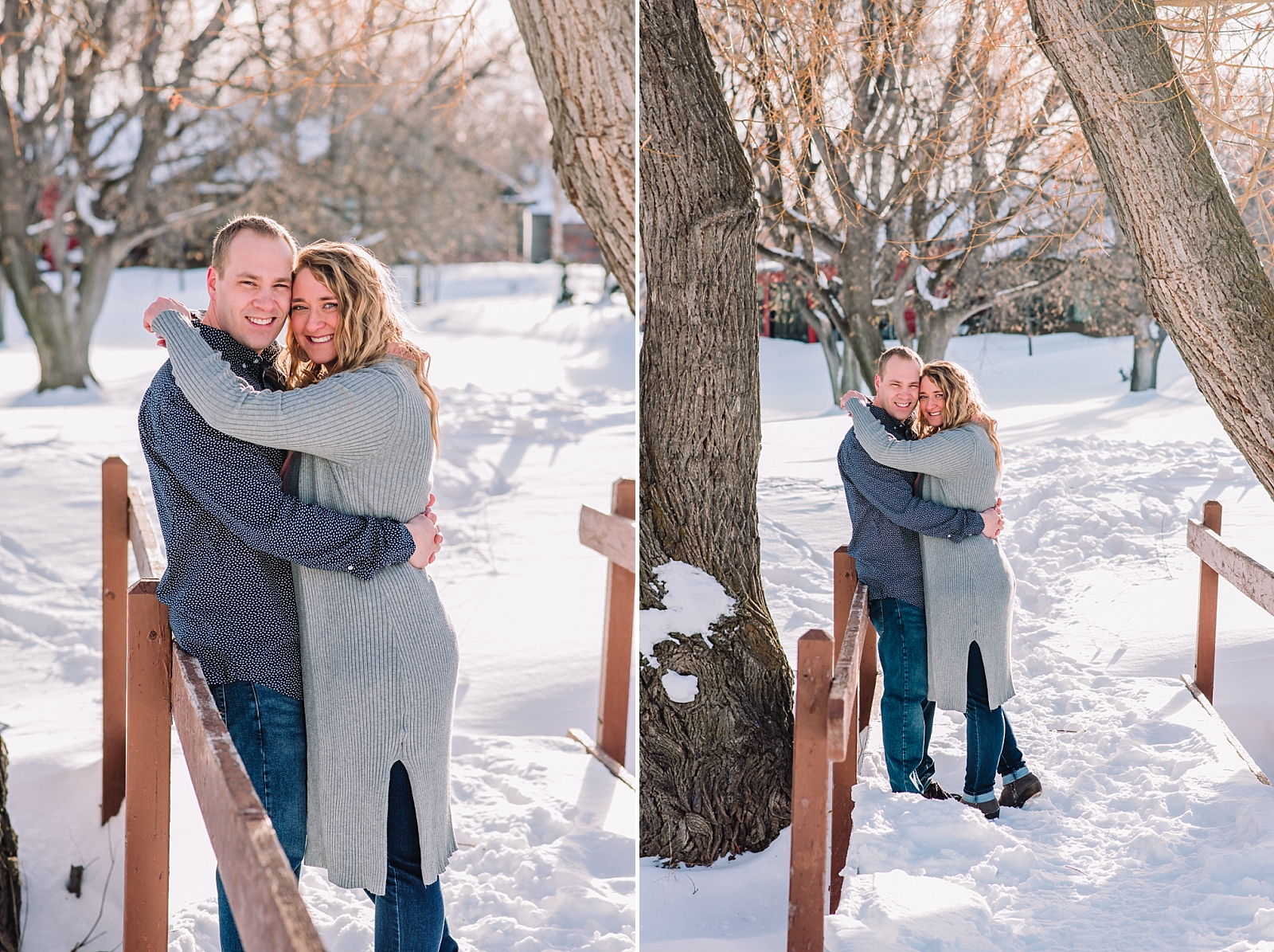 hugging couple on snowy bridge in freeman park idaho falls idaho engagement photographer wedding photos engaged