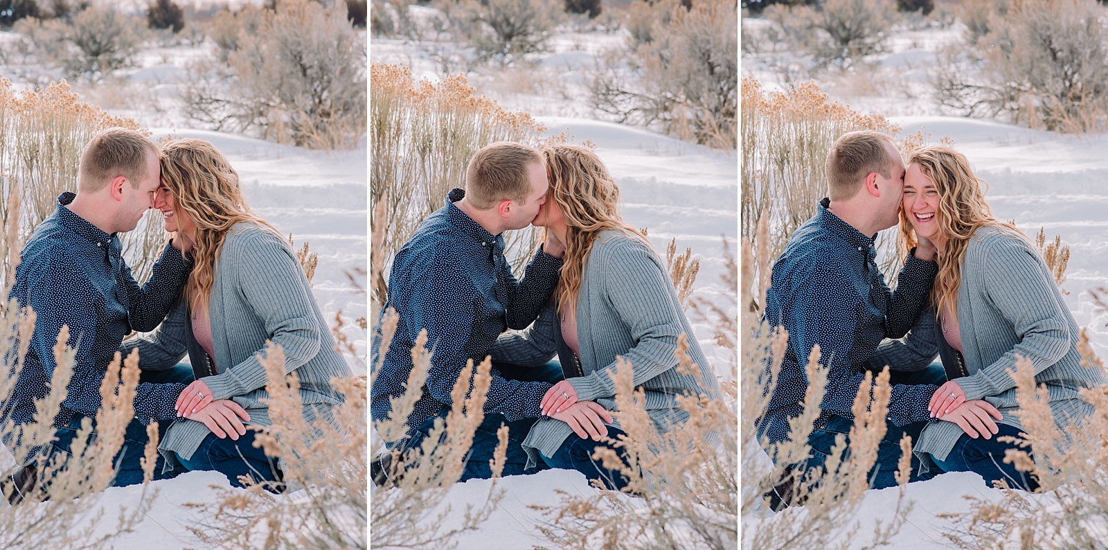 couple rubbing noses Eskimo kisses rexburg engagement photographer janelle and co engaged couple holding hands and kissing in the snow