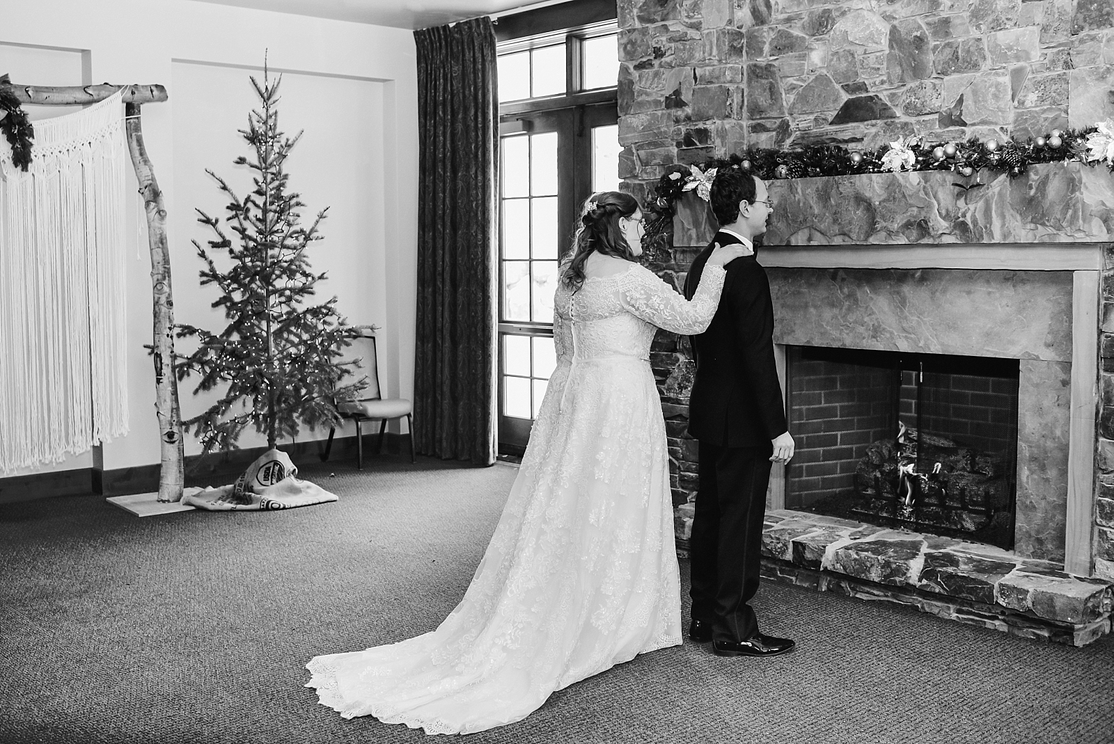 bride and groom during first look in indoor jackson hole winter winter