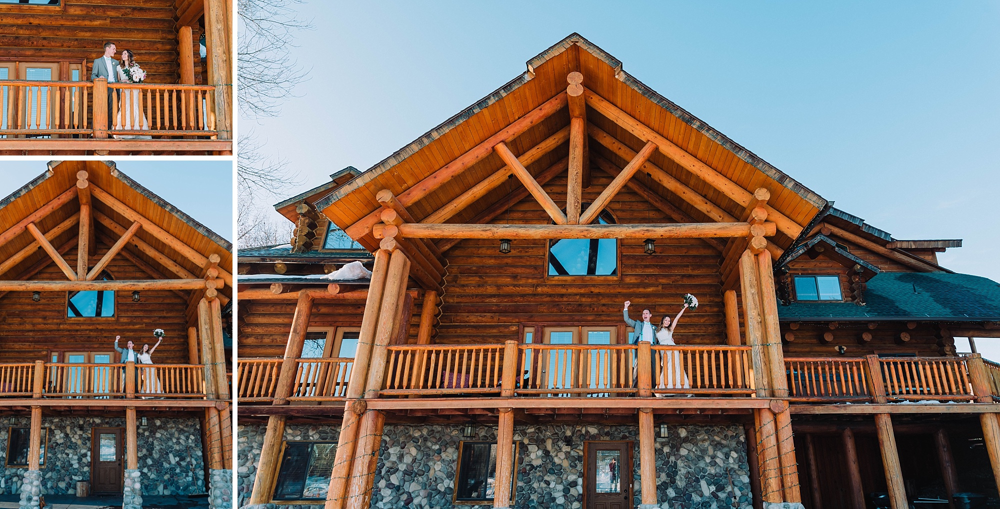 bride and groom outsdoor at log cabin