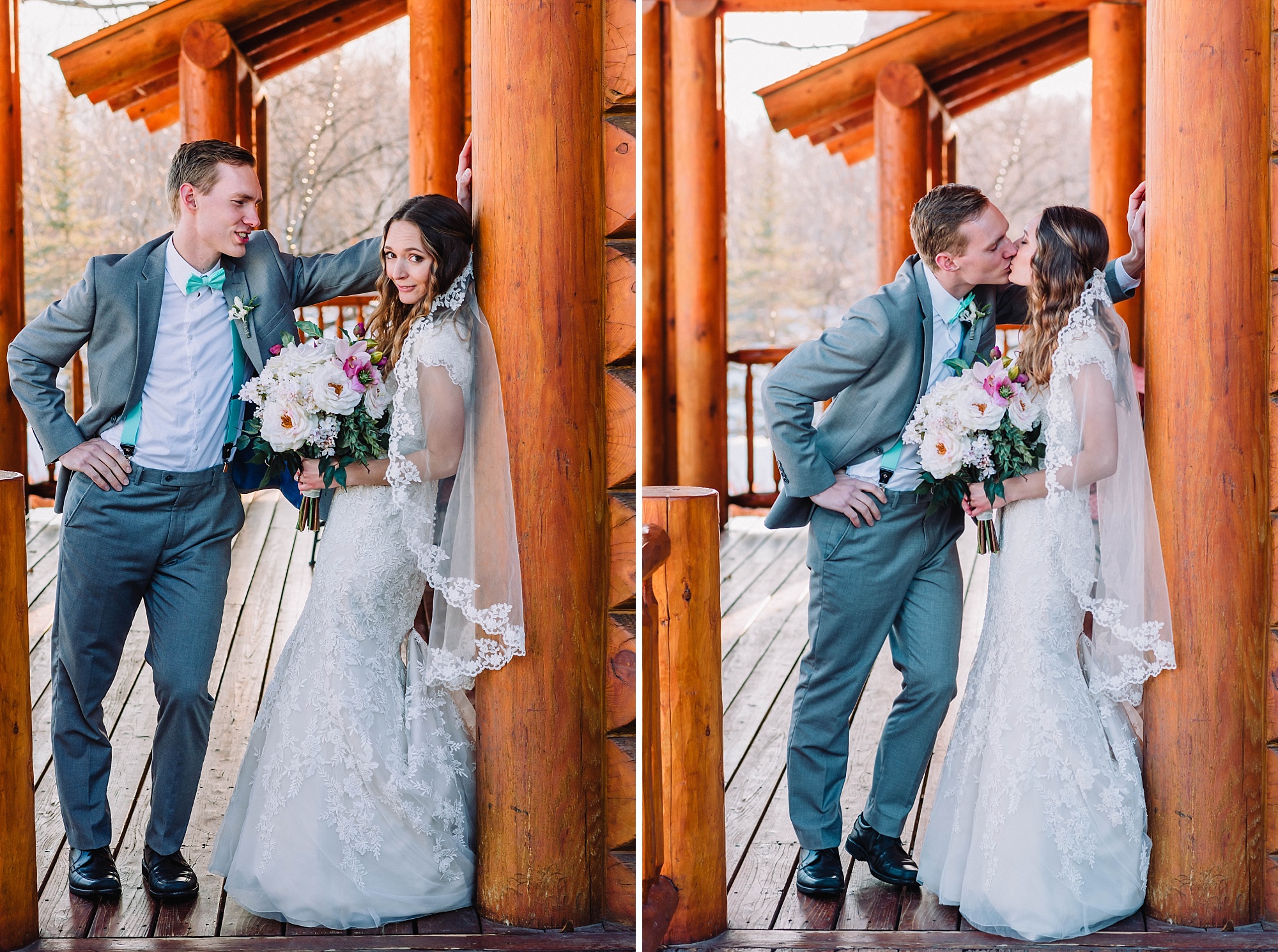 bride and groom kissing on log porch