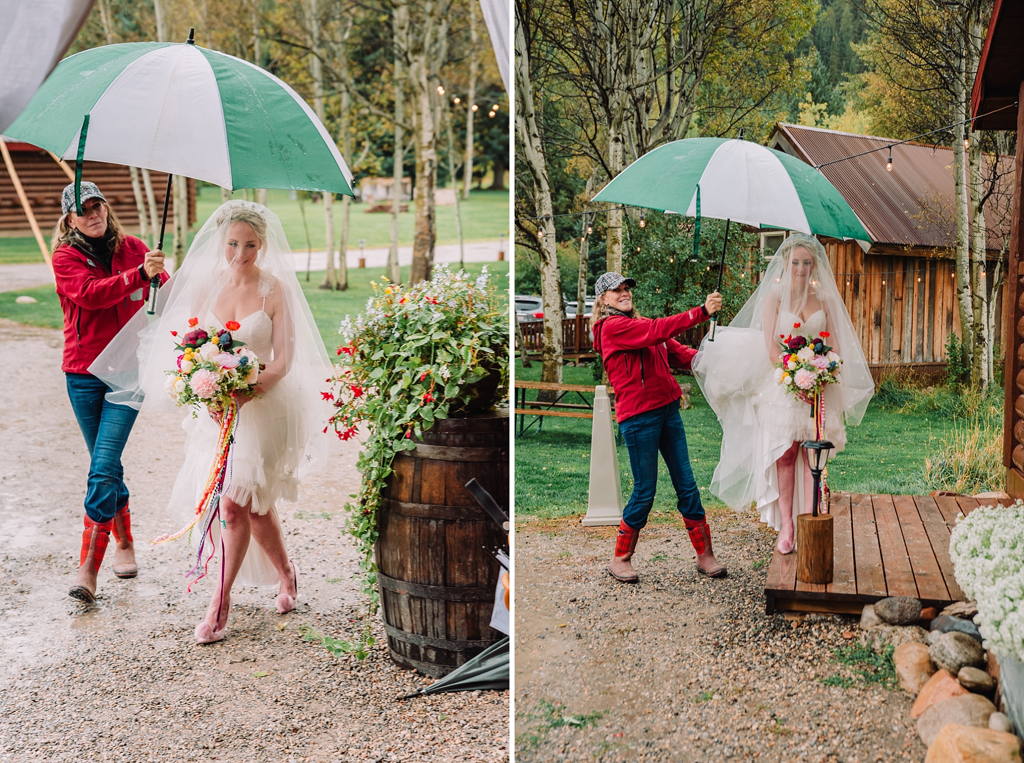 bride under umbrella rainy wedding day