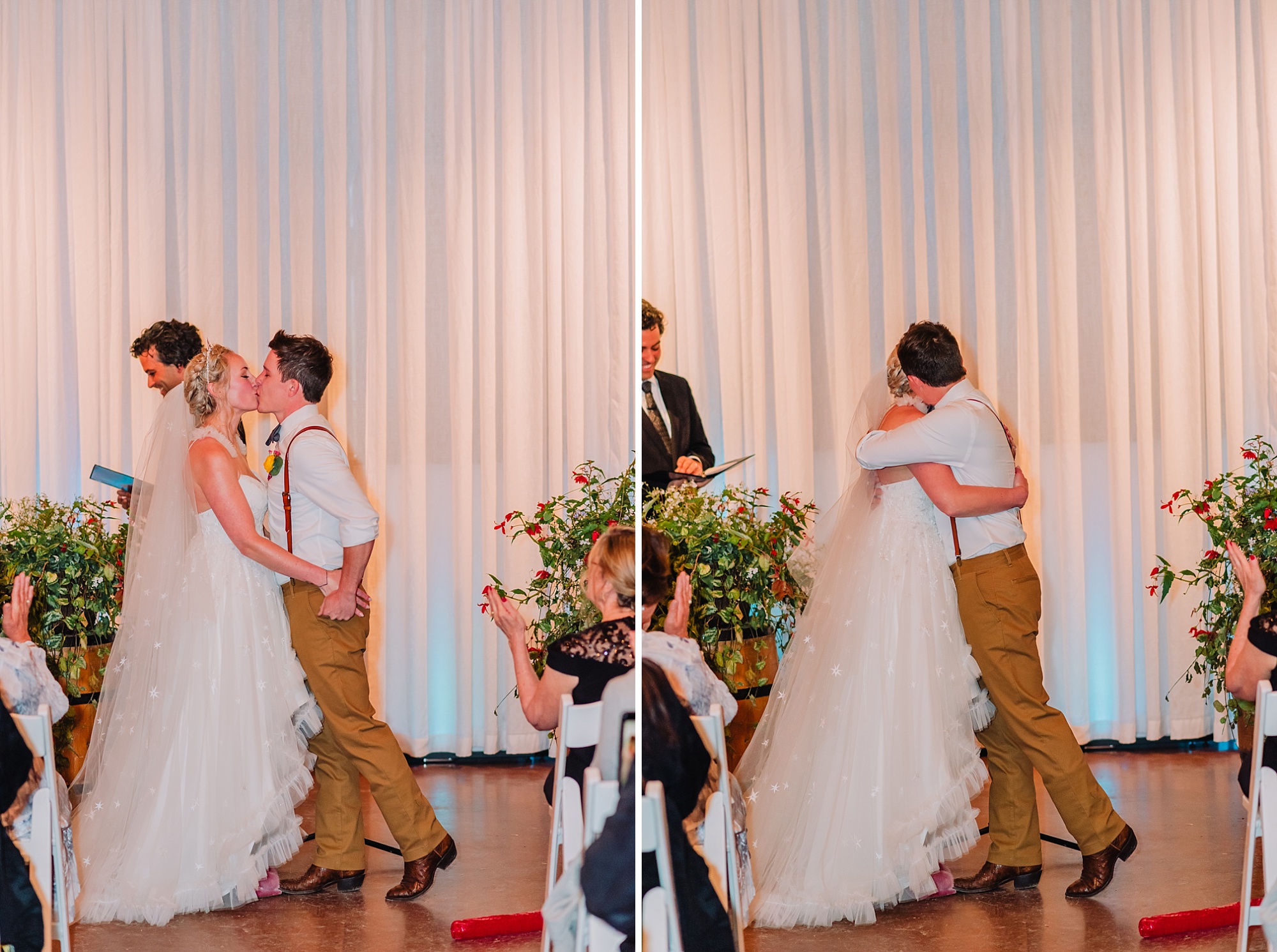 bride and groom first kiss during wedding ceremony