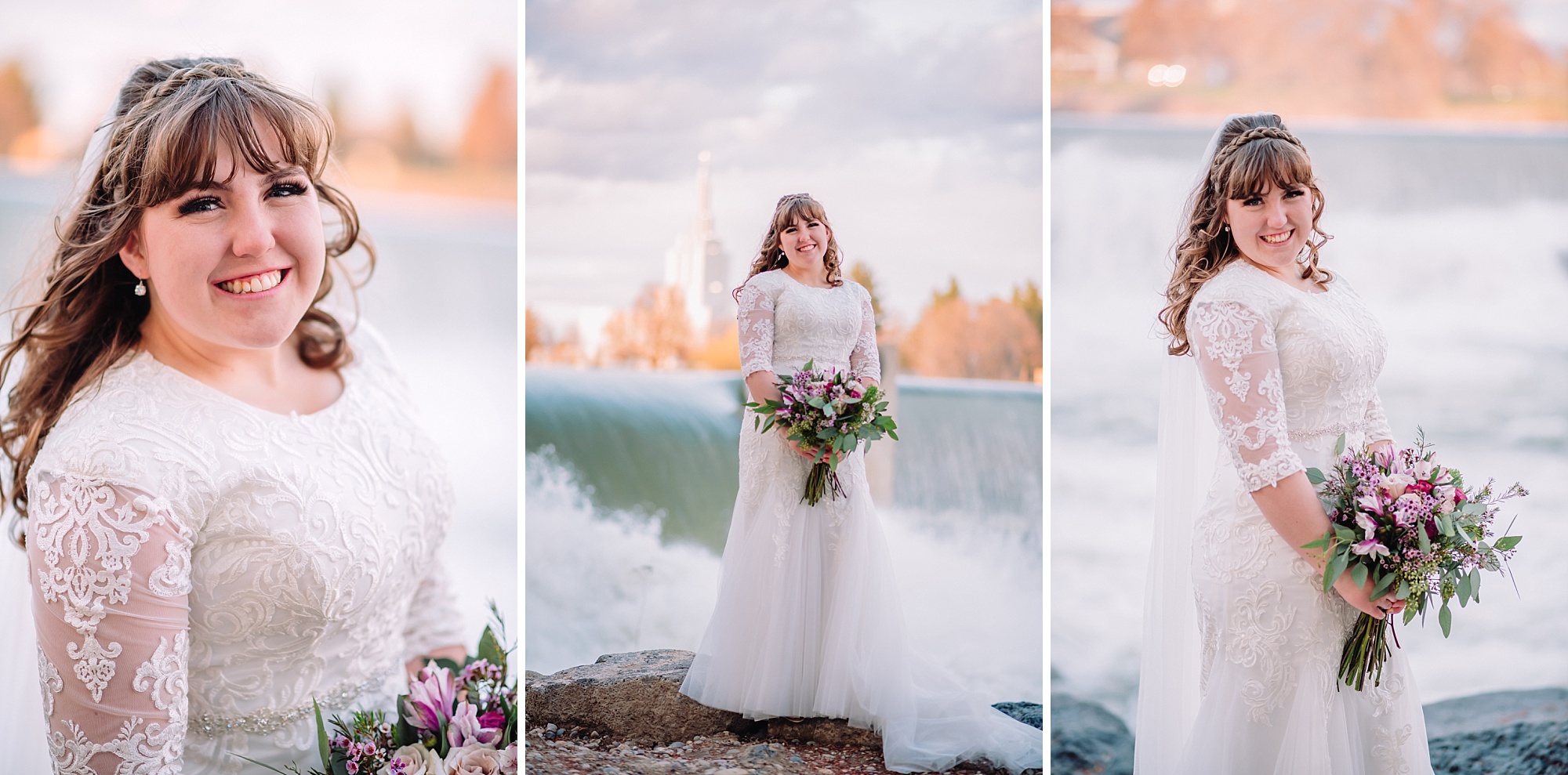 bride-with-bouquet-at-the-greenbelt-waterfall-idaho-falls