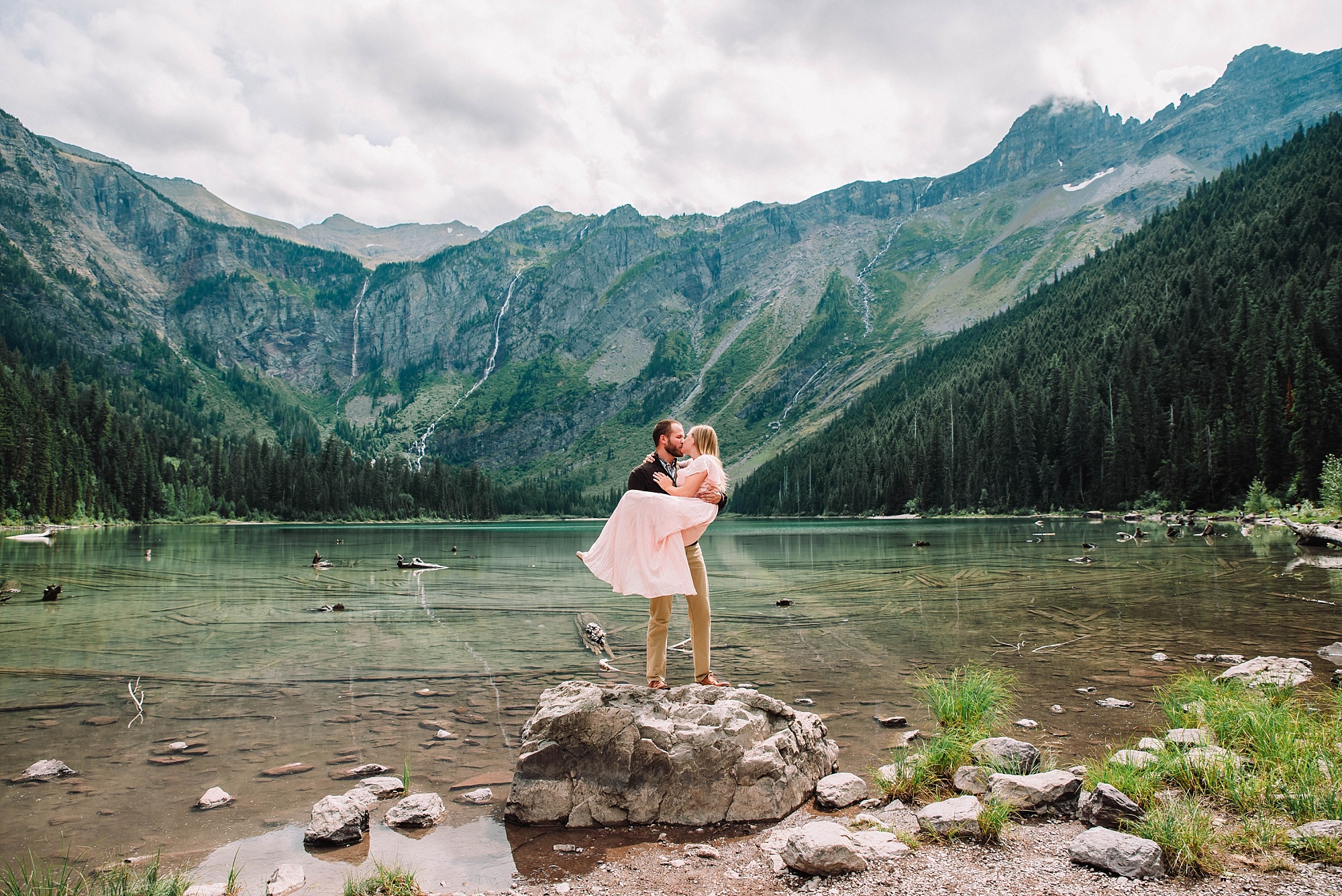 bride and groom at avalanche lake glacier national park elopement