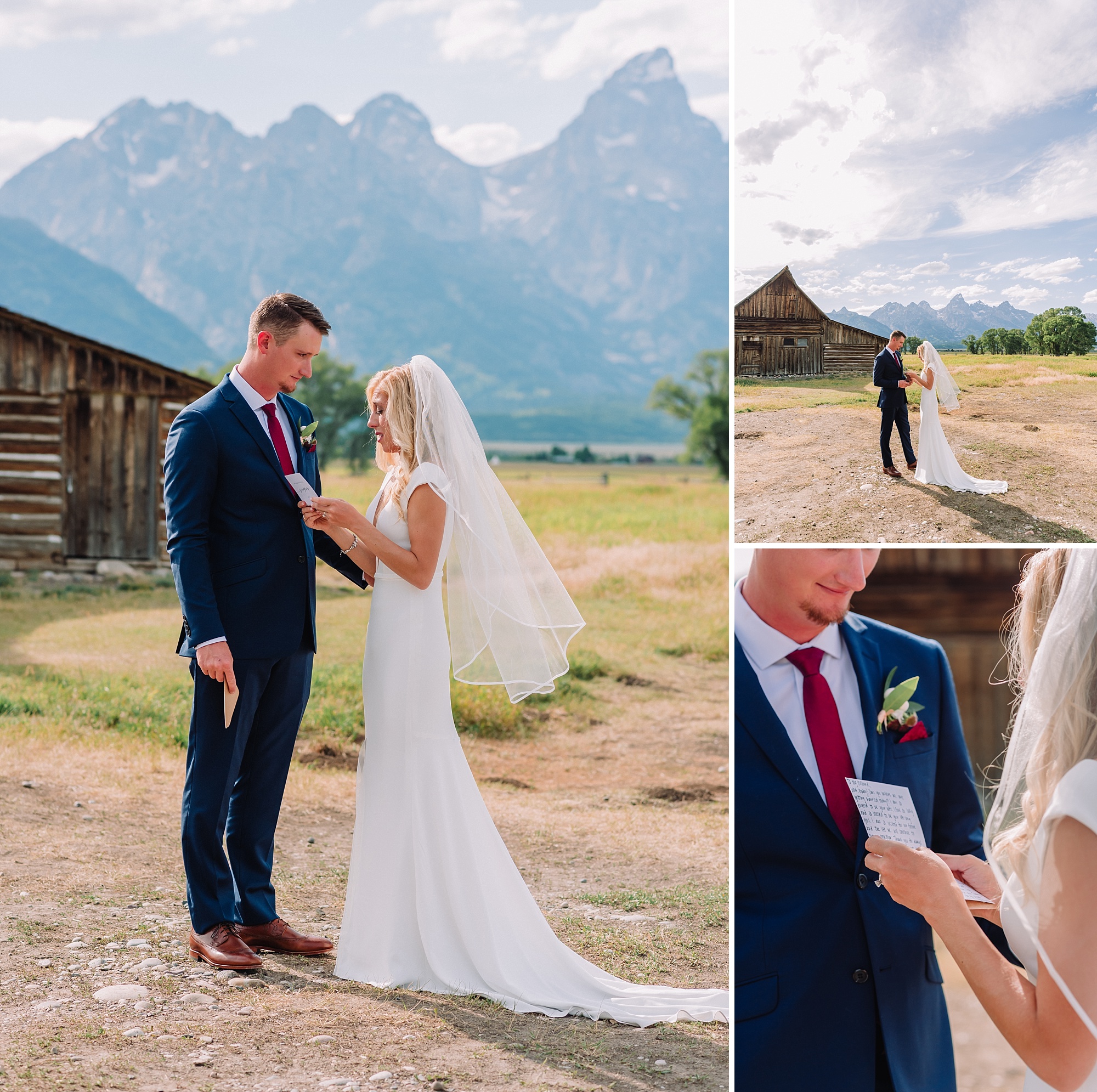 first-look-at-moulton-barns-mormon-row-grand-teton-national-park-destination-elopement-wedding-vows-romantic-classic-dress-bride-and-groom-tetons-married-elope