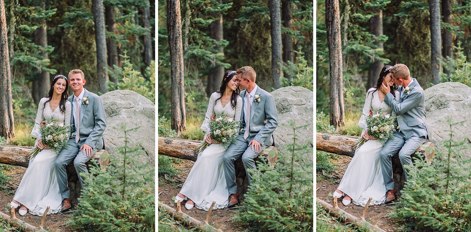 Couple sitting on rocks at string lake with jackson hole florist bouquet