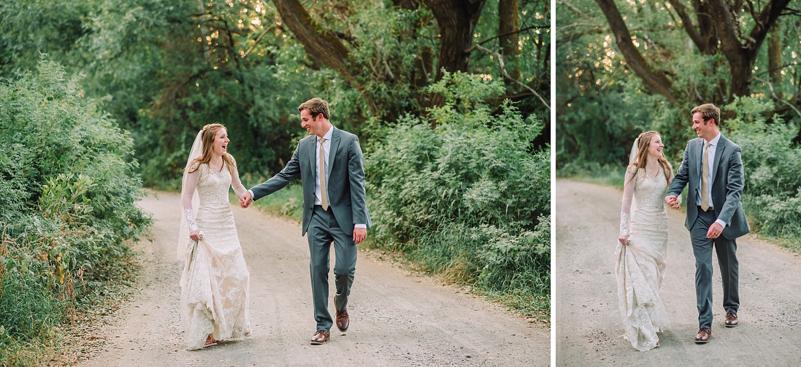 bride and groom walking on dirt road
