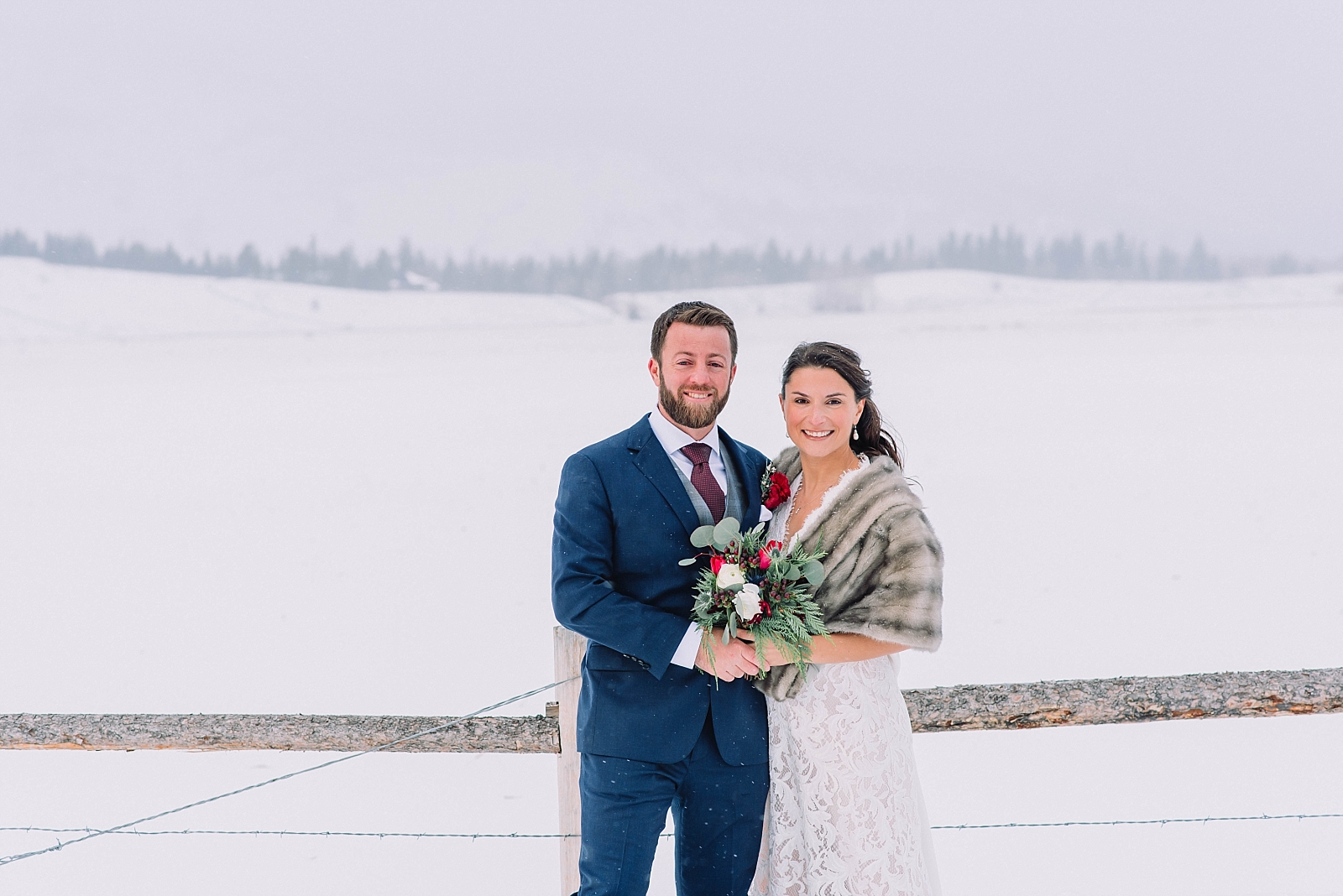 bride and groom together during winter wedding outdoor bridals in Jackson Hole