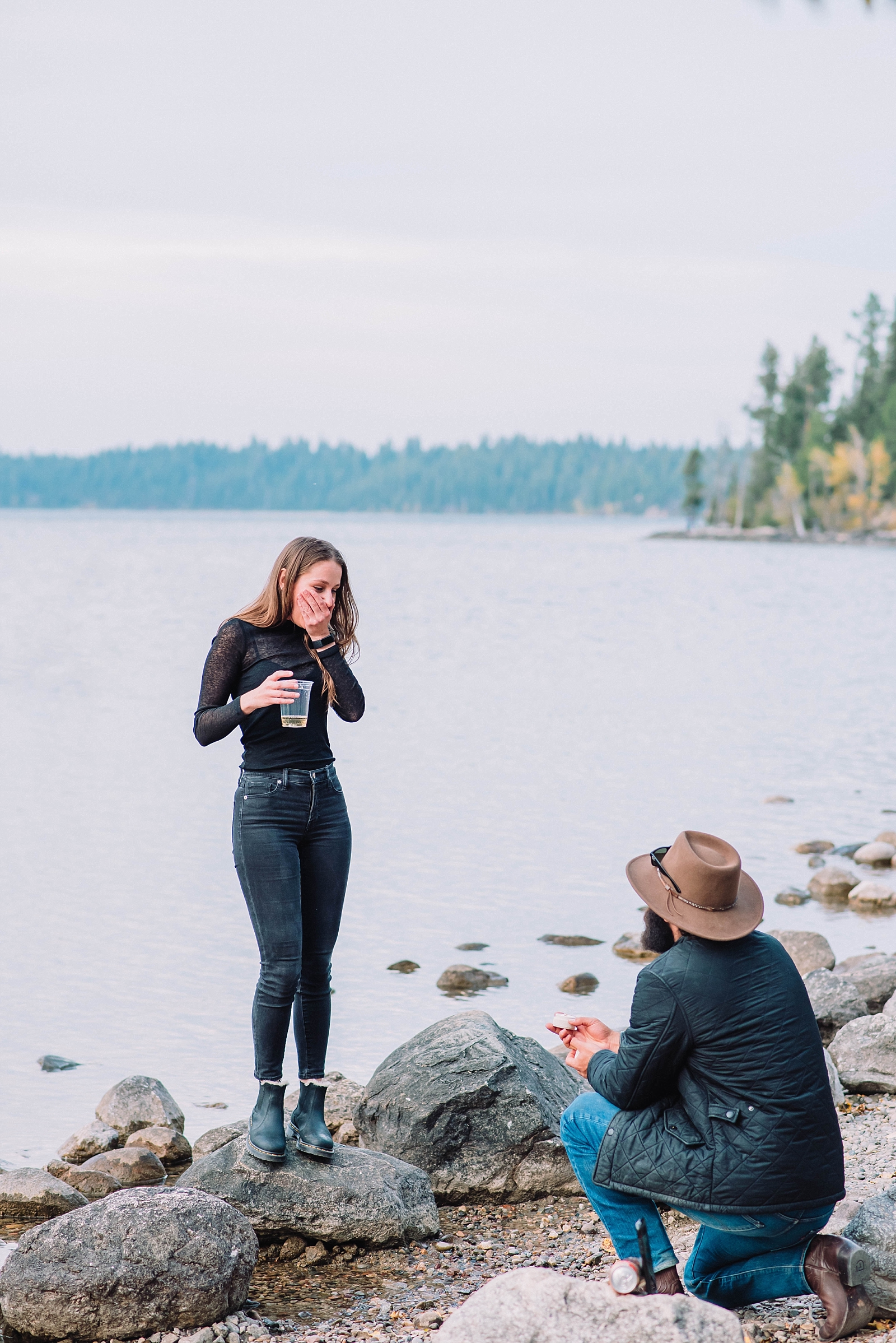Surprise romantic proposal at Jenny Lake in the Tetons