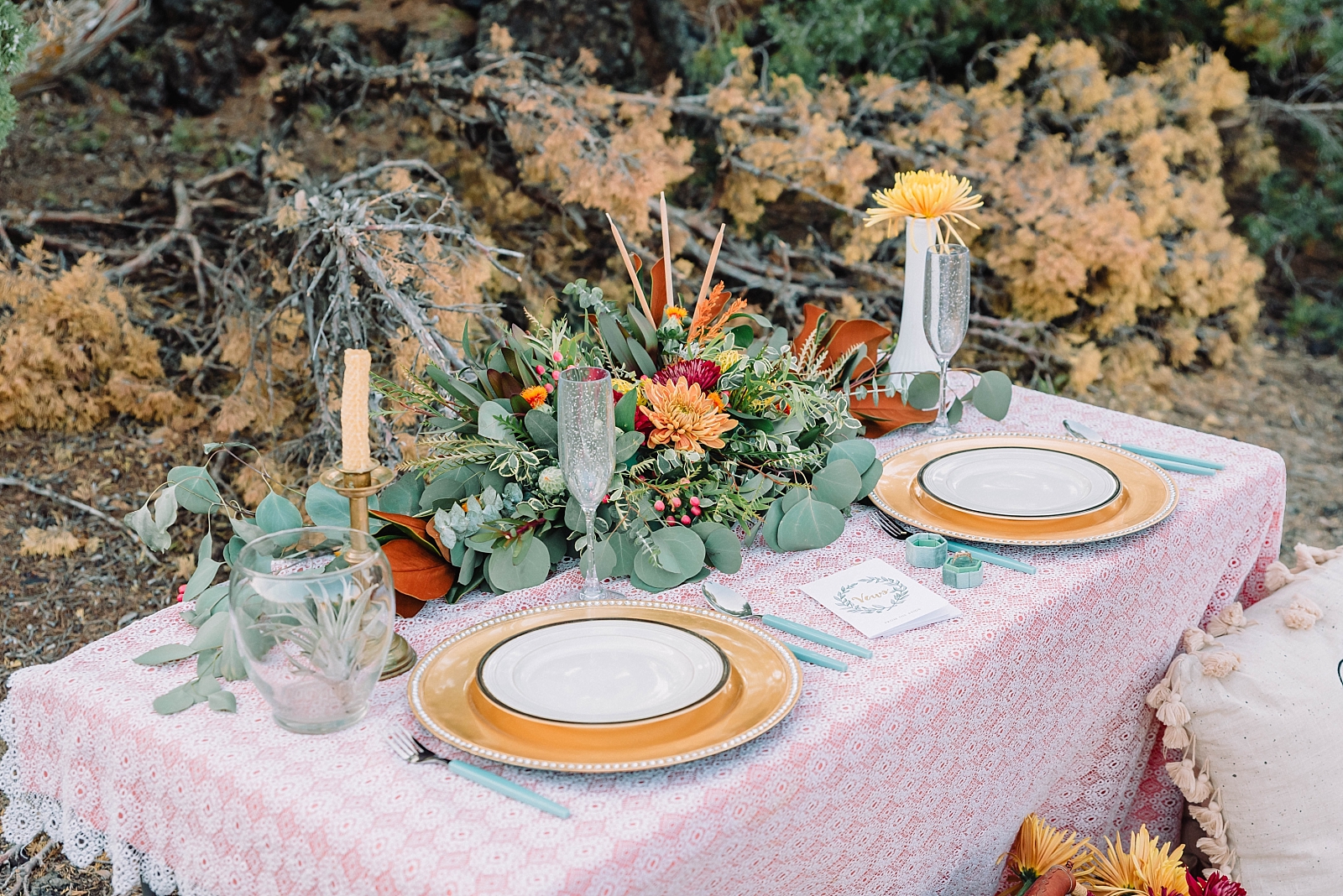 mustard and red fall elopement table decor inspiriation