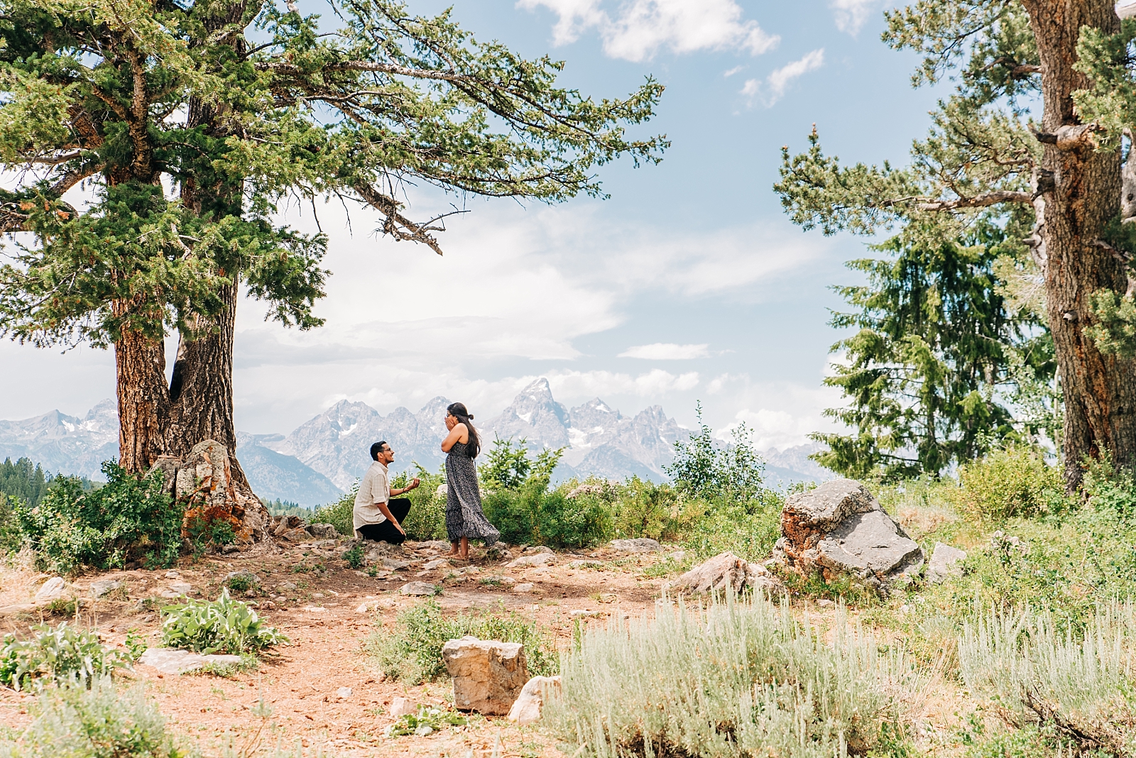 boyfriend proposes to girlfriend with tetons in the back