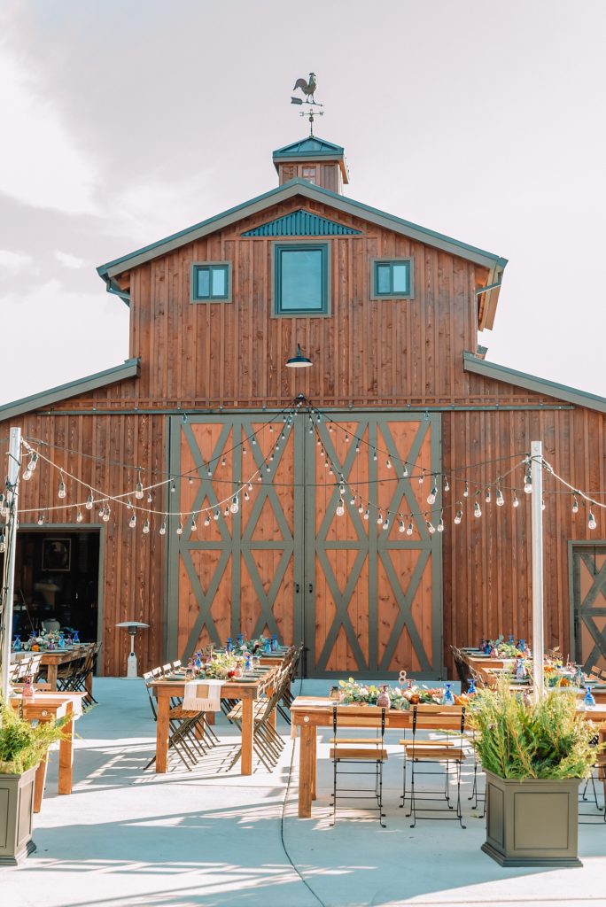 Jackson Hole wedding venue with string lights over the outdoor patio