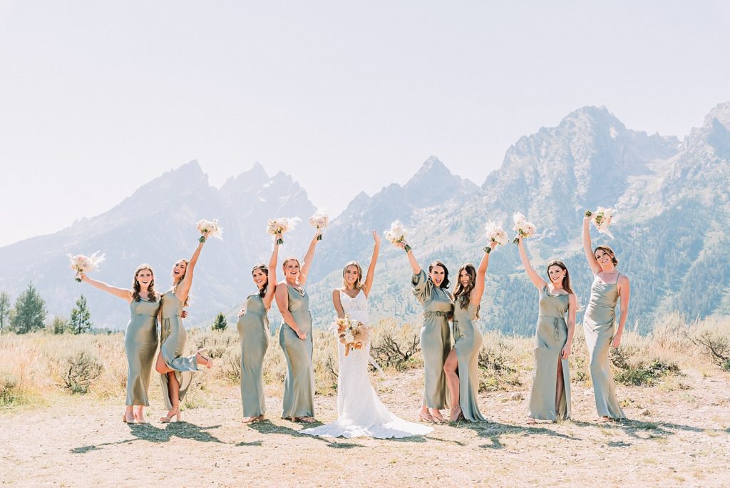 bride and bridesmaids on wedding day in grand teton national park