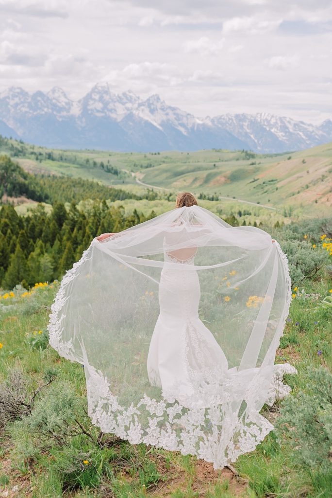 bride with cathedral veil outdoor