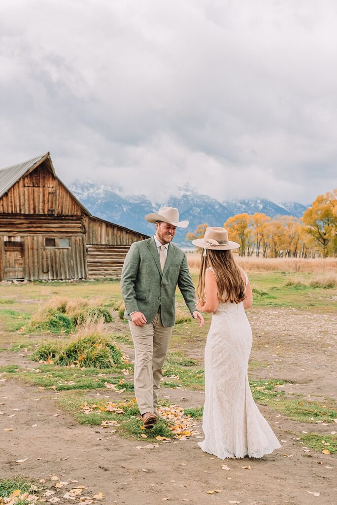Fall Grand Teton Elopement, Mormon Row first look, outdoor wedding portraits, jackson hole wedding photographer