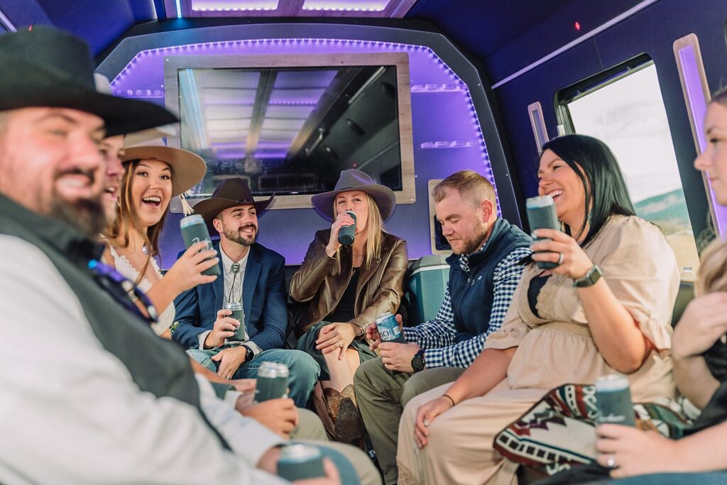 wedding party on party bus, wedding day activities, wedding transportation in jackson hole, double black transportation