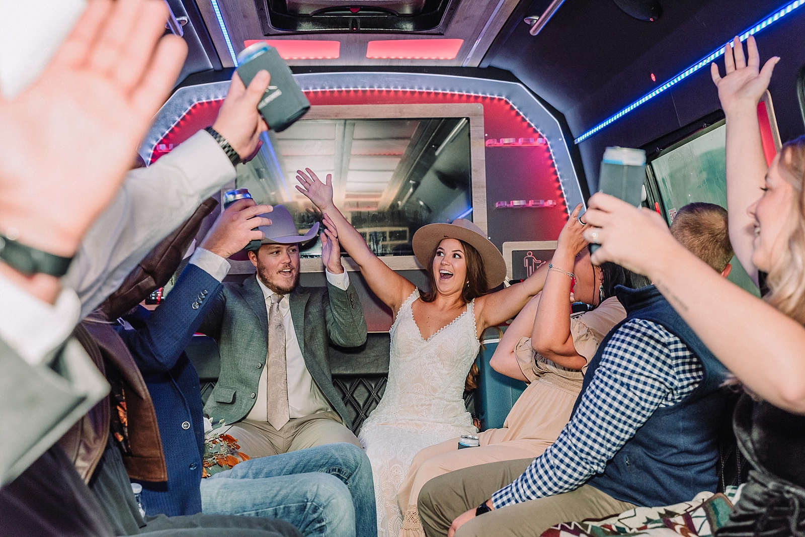 wedding party on party bus, wedding day activities, wedding transportation in jackson hole, double black transportation