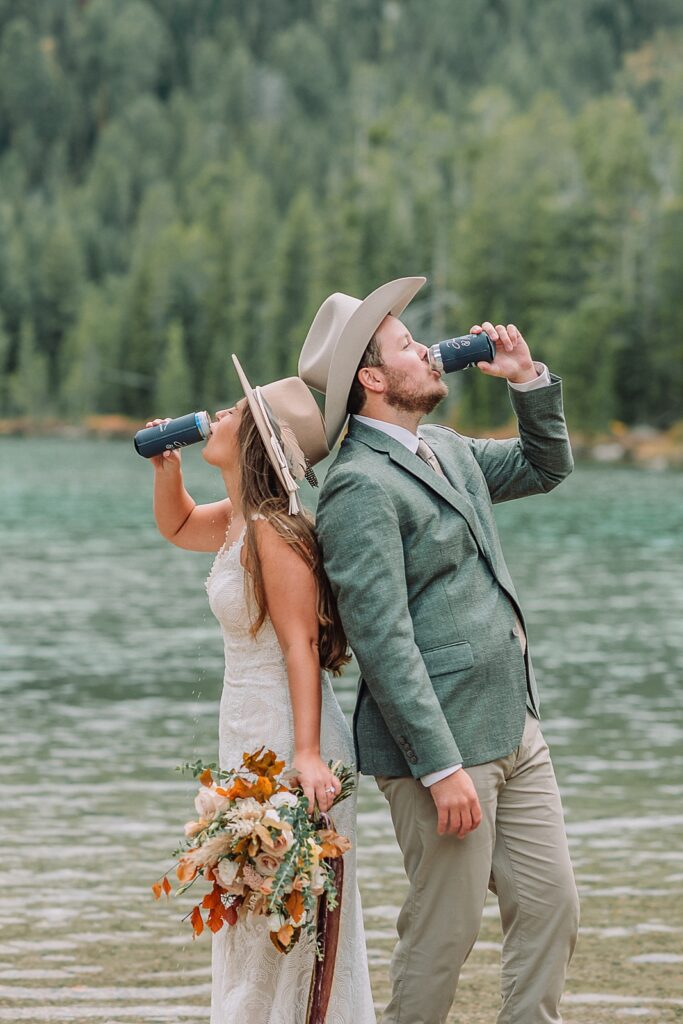 beer toasts after wedding ceremony