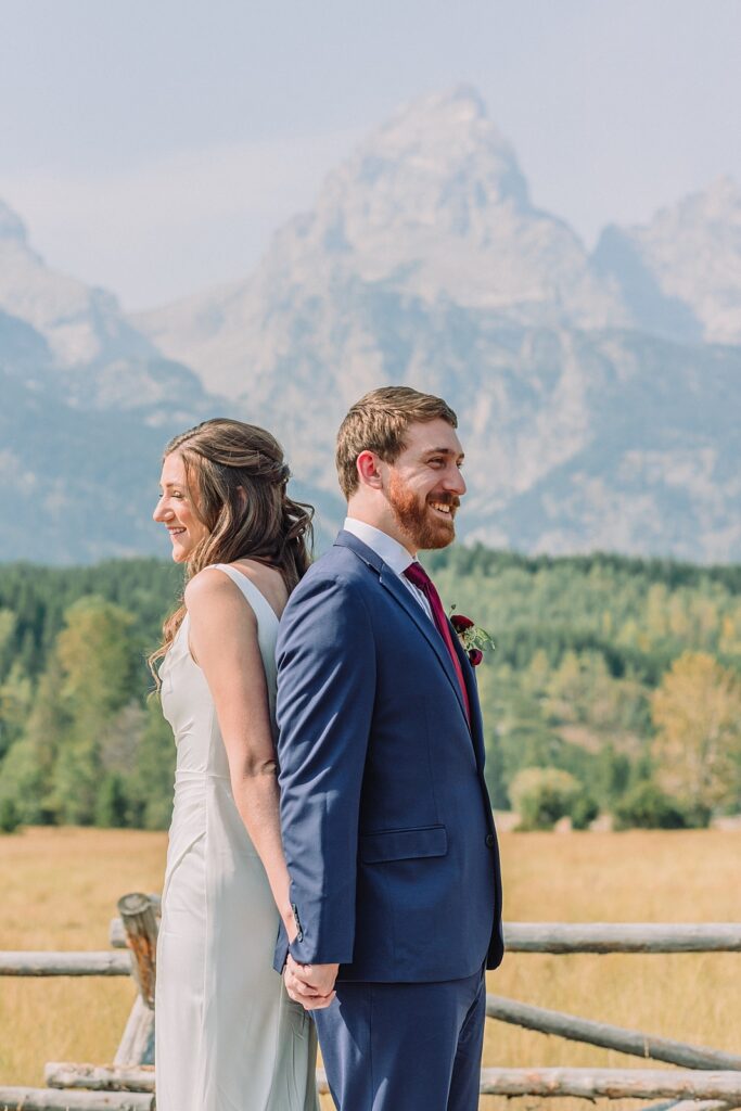Fall Wedding in Jackson Hole, first look at cottonwood creek