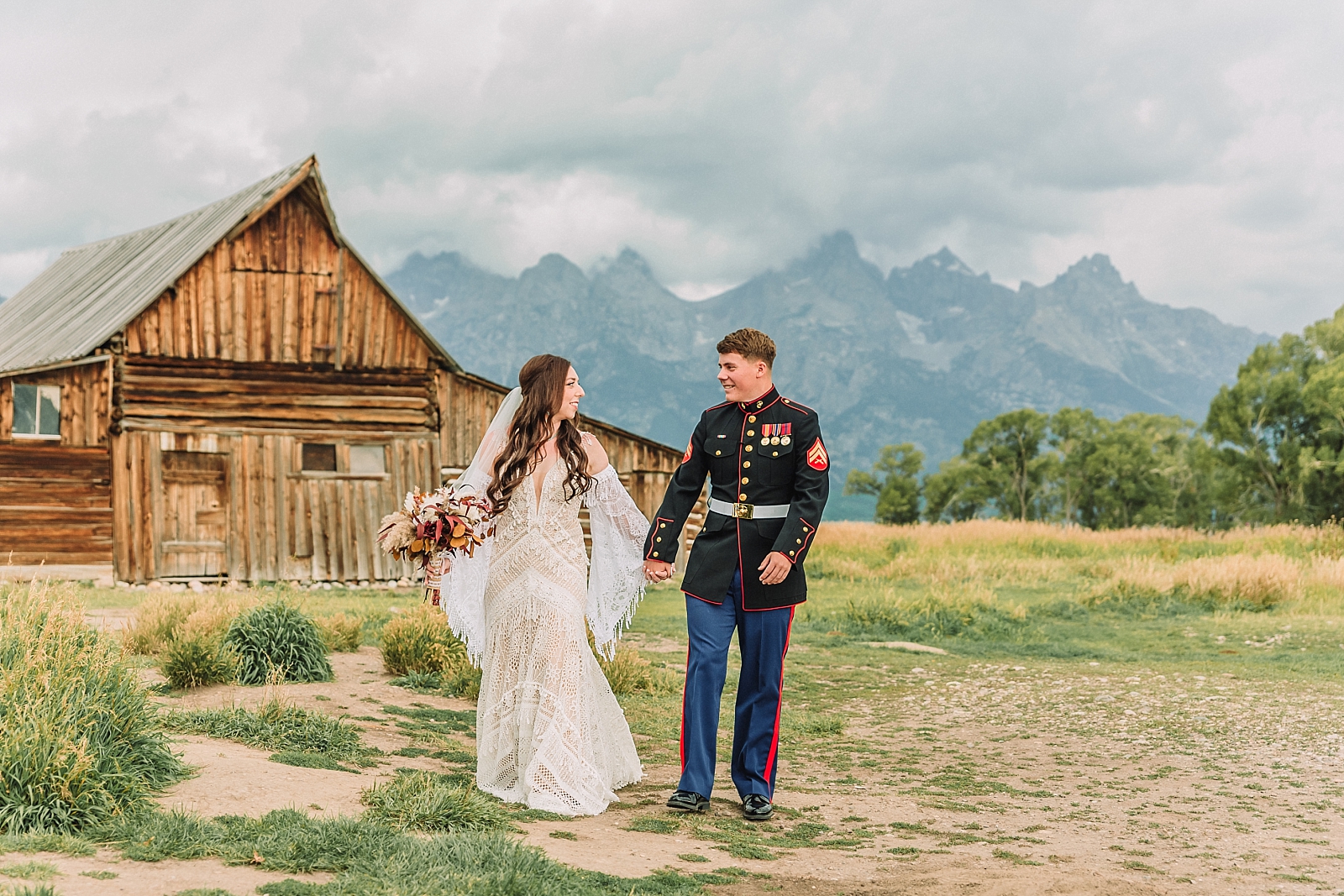 Jackson Hole Wyoming Micro-Wedding, Marine wedding, Mormon Row wedding portraits