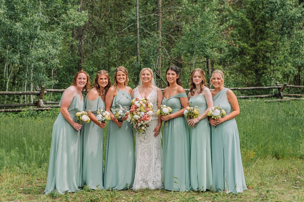 bride and groom with wedding party, bridesmaids and groomsmen, wedding party photos, idaho wedding photographer