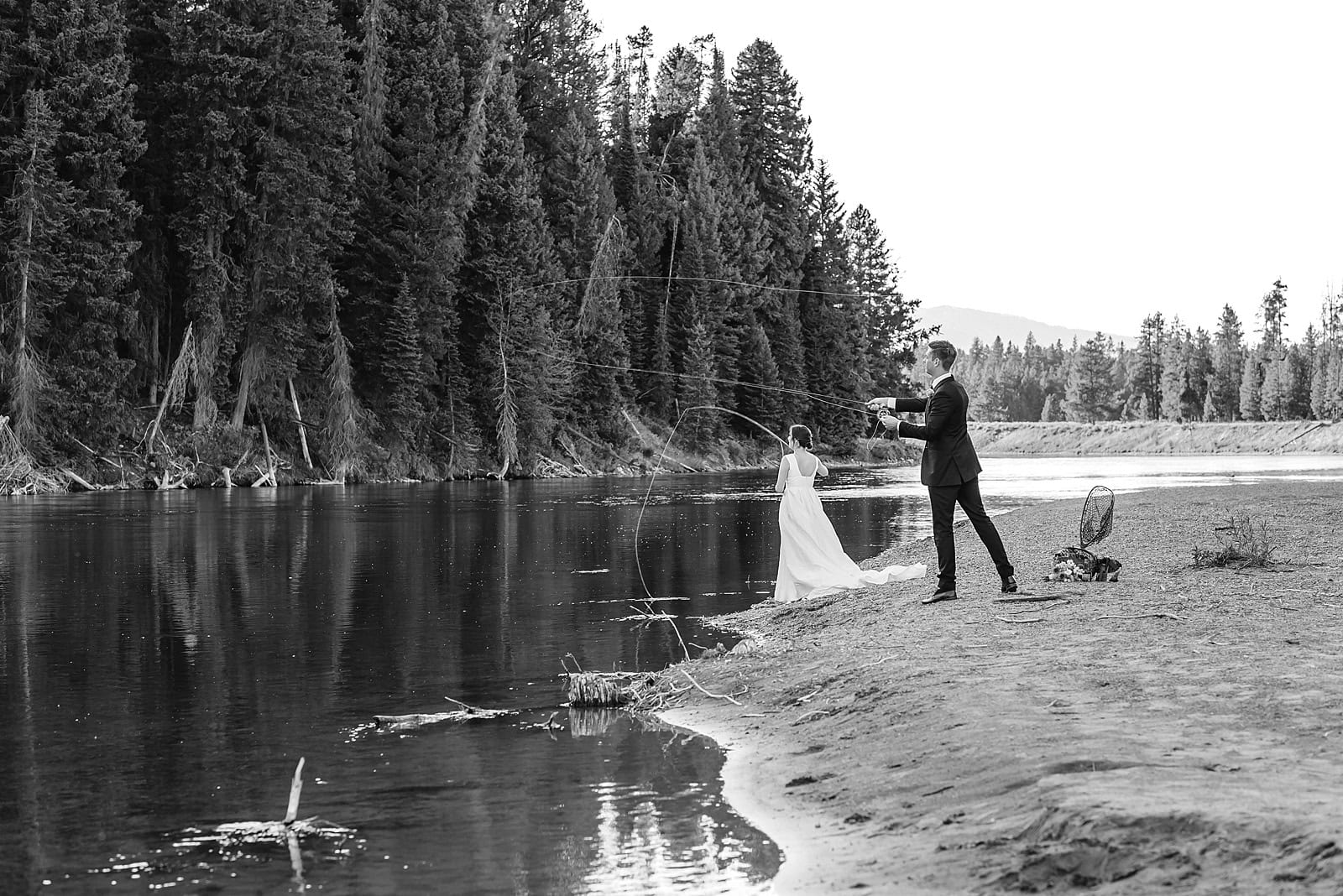 Fishing elopement in Jackson Hole Fly fishing elopement in Wyoming Scenic fishing wedding in the Tetons River elopement with fishing in Jackson Hole Trout fishing elopement in Jackson Hole