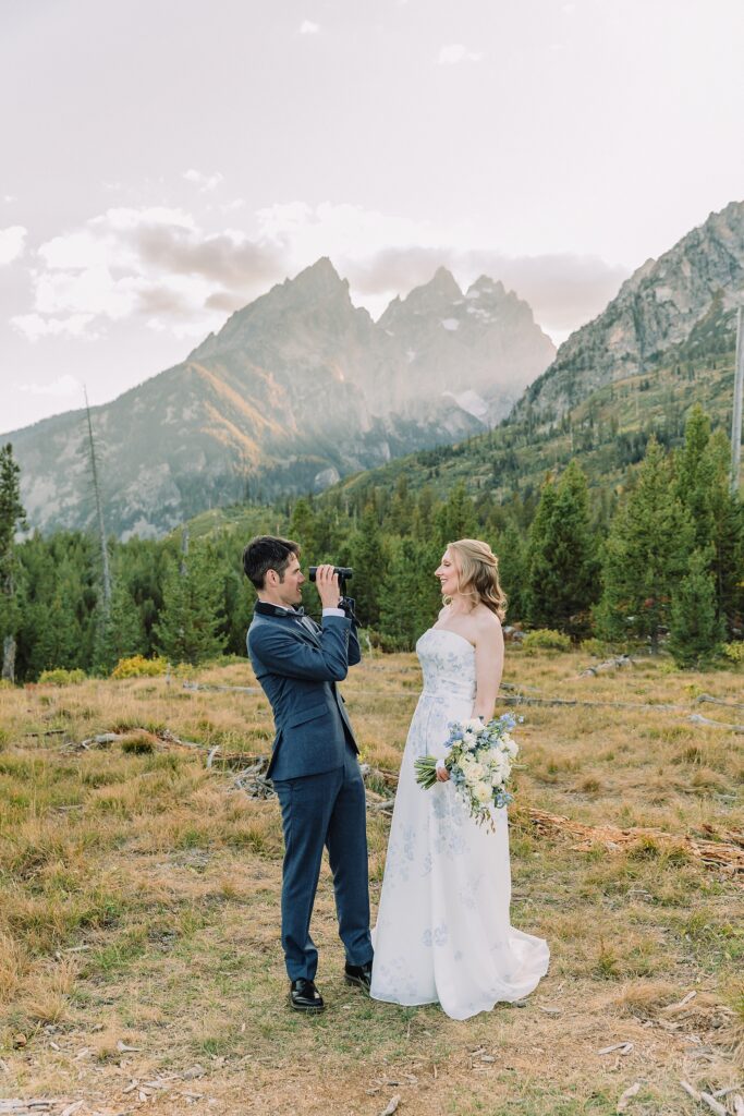 bride and groom in grand tetons elopement