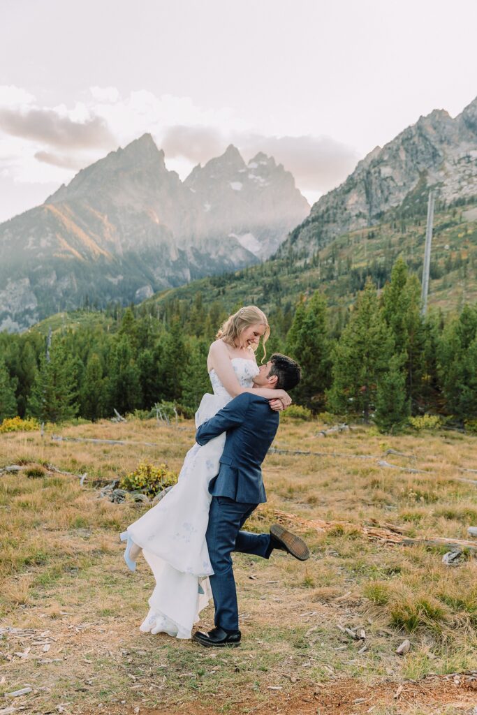 bride and groom in grand tetons elopement