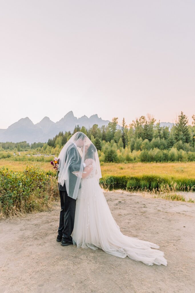 Schwabacher Landing sunset wedding photos Grand Teton elopement photography session intimate Jackson Hole wedding photography golden hour Schwabacher Landing couples photos