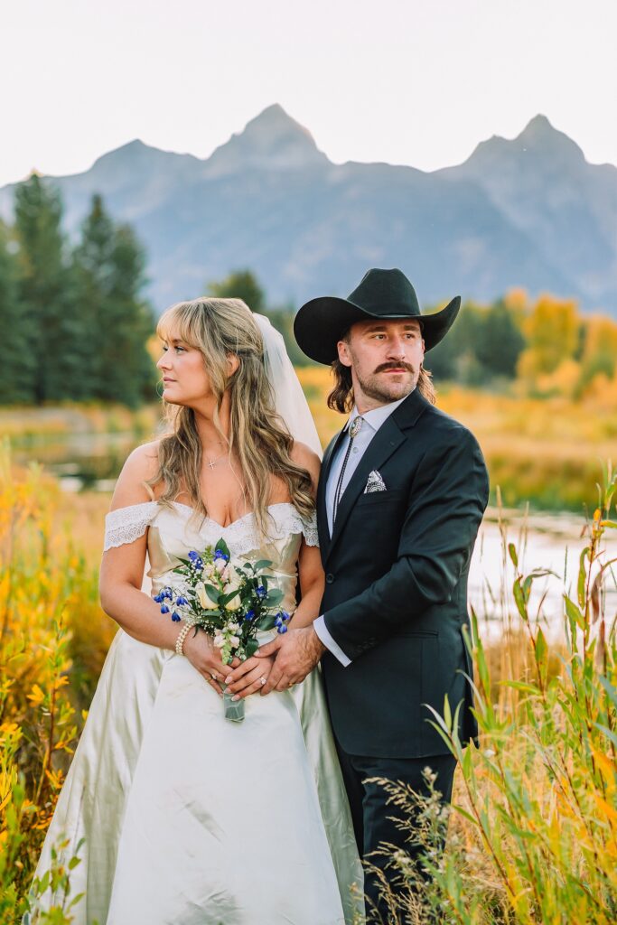 Schwabacher Landing fall colors wedding Grand Teton National Park micro wedding Grand Teton wedding locations fall colors rustic chapel wedding log cabin ceremony Jackson Hole Wedding Photographers Grand Teton Elopement Photographer Jackson Hole Micro Wedding