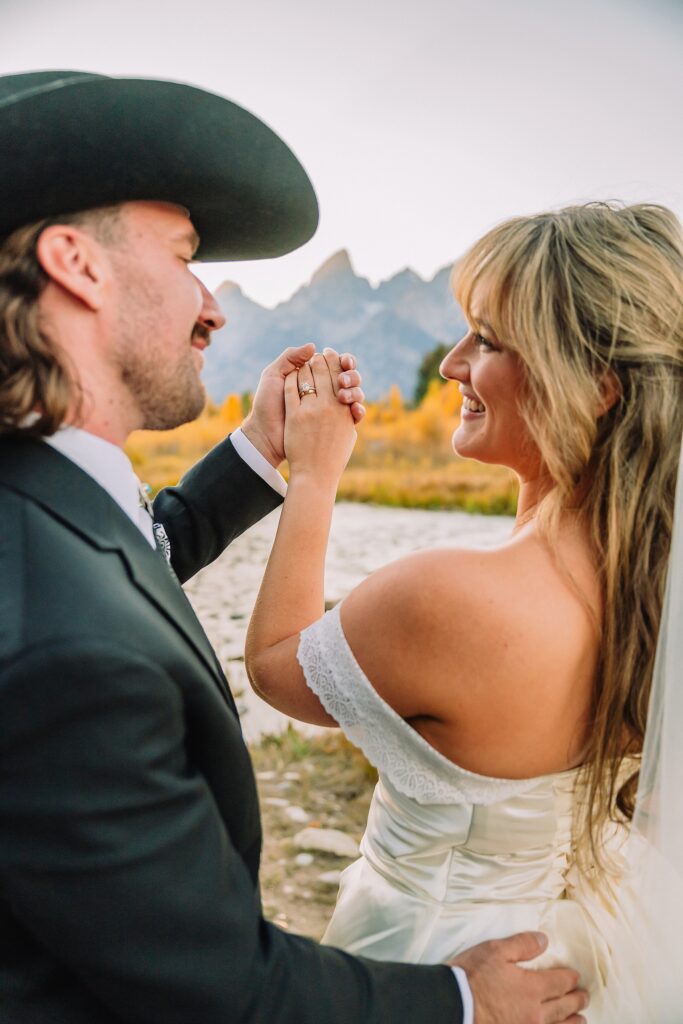 Schwabacher Landing fall colors wedding Grand Teton National Park micro wedding Grand Teton wedding locations fall colors rustic chapel wedding log cabin ceremony Jackson Hole Wedding Photographers Grand Teton Elopement Photographer Jackson Hole Micro Wedding